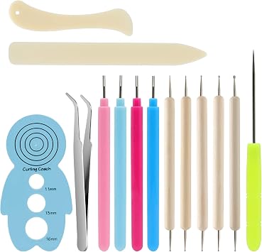 KITANIS 14Pcs Paper Quilling Tool and Supplies, Include 5Pcs Double Head Indentation Pens, 4Pcs Slotted Pens, 2Pcs Bone Folder Tools, Awl, Tweezer and Curling Coach for Card Making, Bookbinding