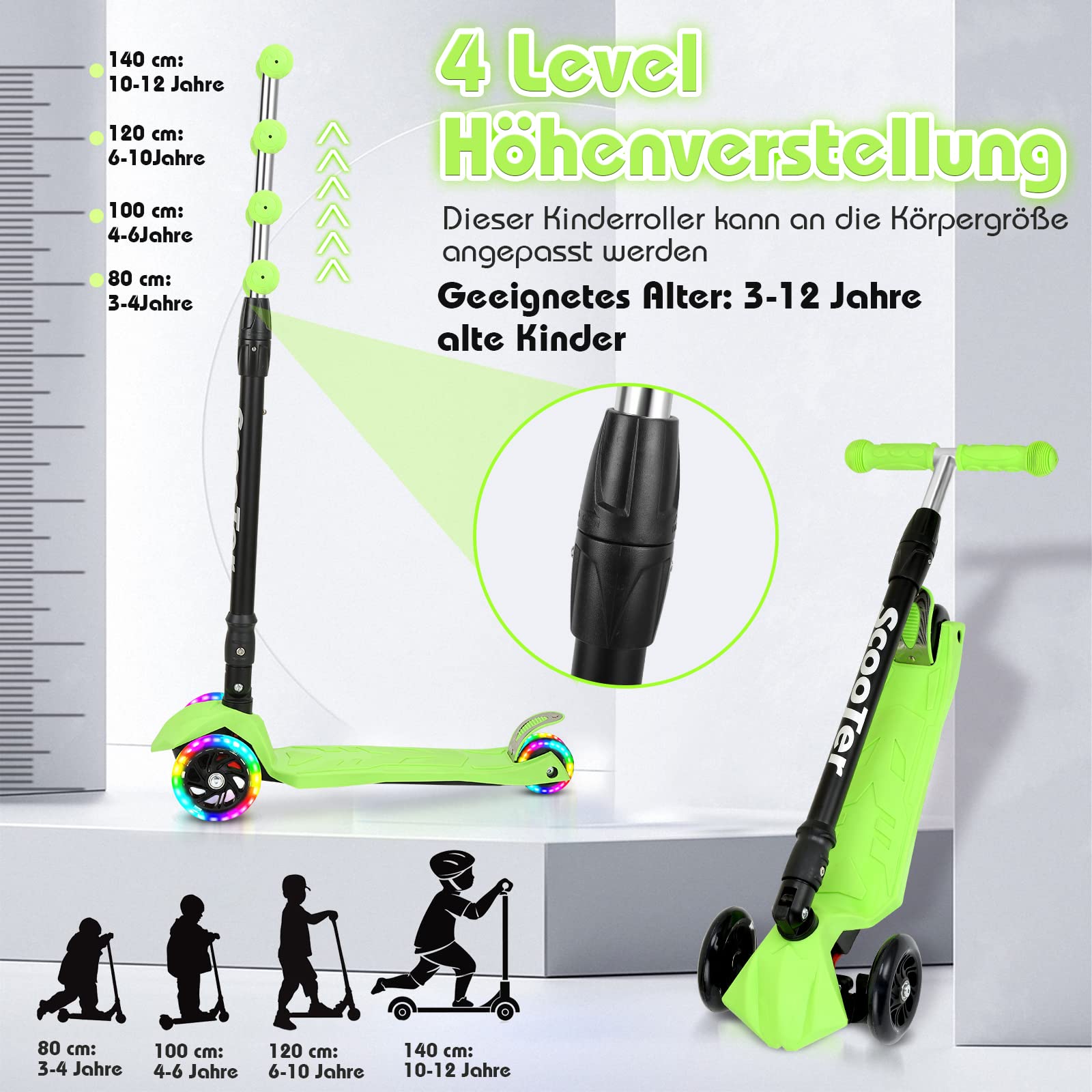 Sonnewelt Monopattino pieghevole per bambini, con 3 ruote a LED e manubrio regolabile in altezza, freni posteriori, fino a 50 kg, per scooter bambini dai 3 ai 14 anni