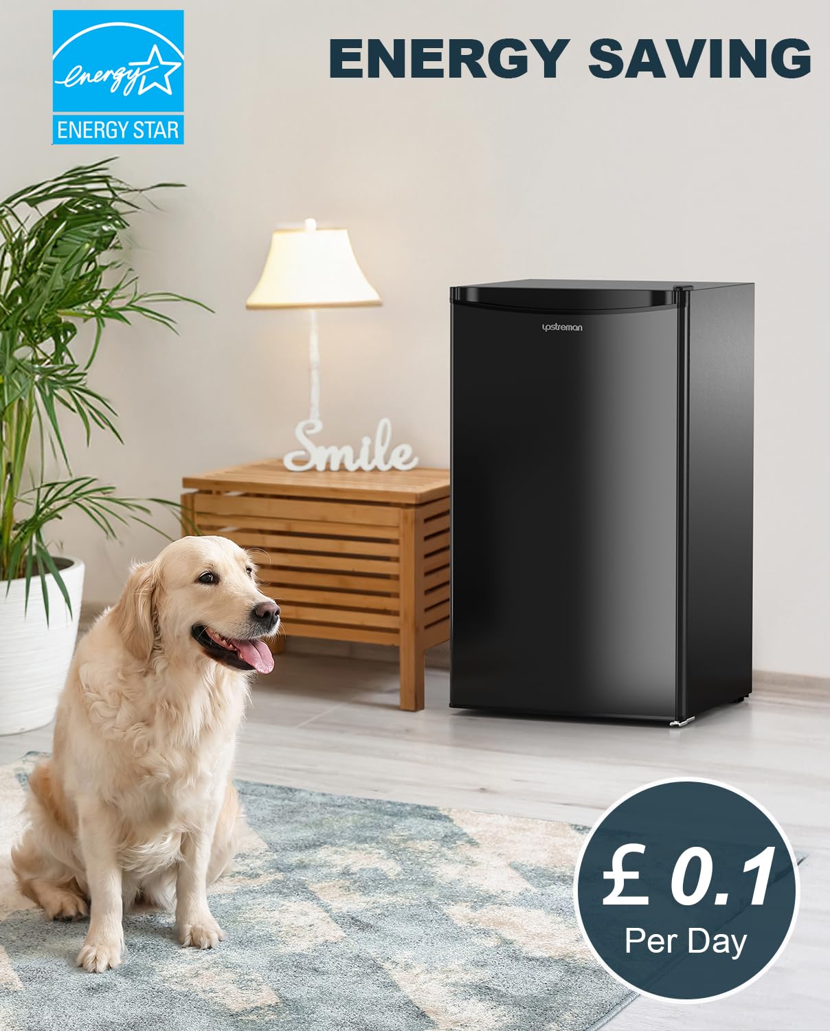 Upstreaman Under Counter Fridge, 91L Small Fridge Quiet for Bedroom and Dorms, Five Stage Temperature Control and Removable Shelves, Standard Refrigerator BR321 (Black) — view 3
