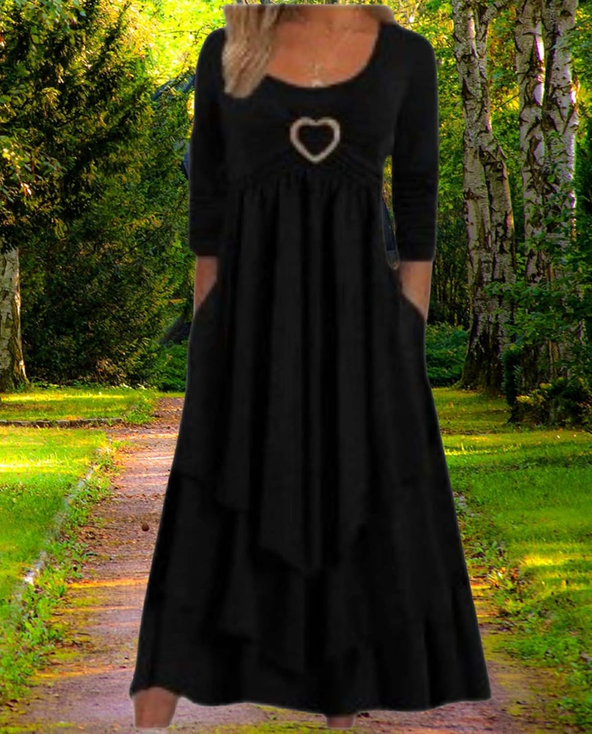 LIZALIG Wedding Guest Dresses for Women Elegant Solid Long Sleeve Ruffle Irregular Hem A Line Flowy Maxi Dress with Pockets - Image 3