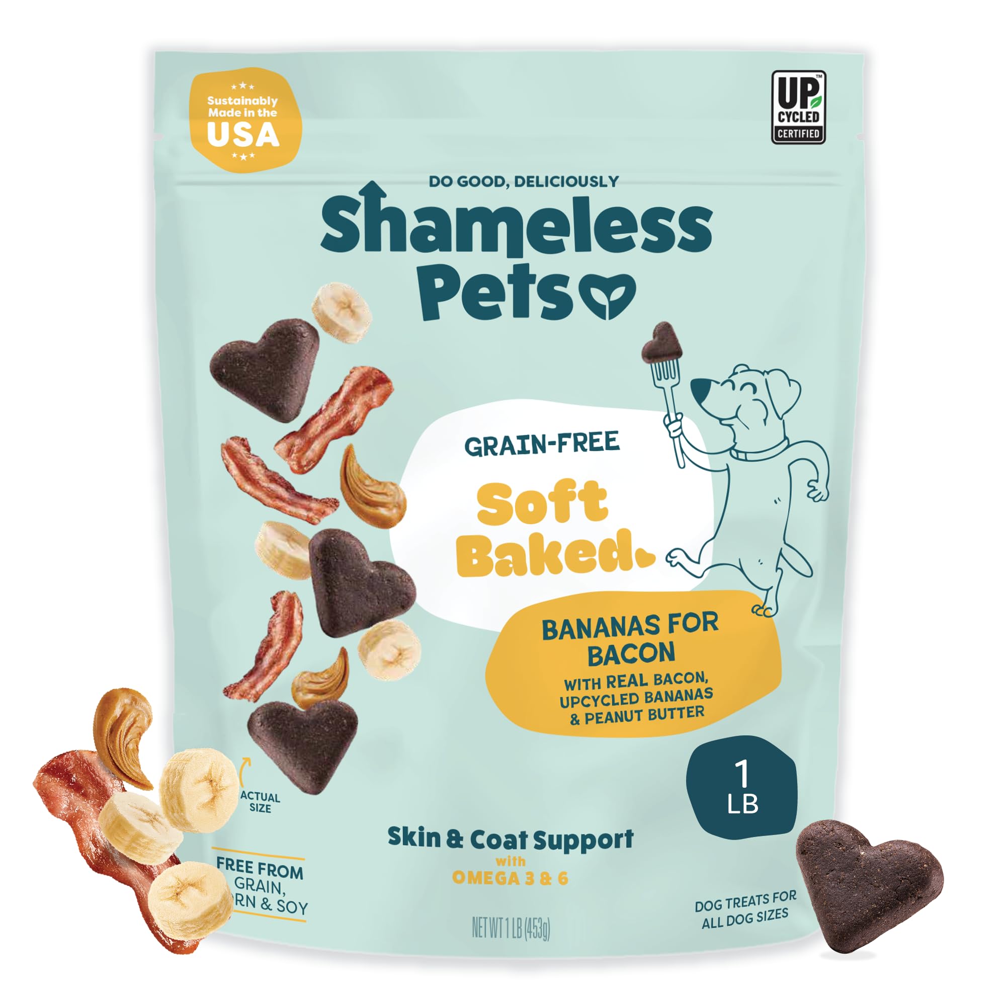 Shameless Pets Soft-Baked Dog Treats - Bananas for Bacon, Grain-Free Snacks for Medium & Large Dogs, Natural & Healthy Doggy Chews with Omega 3 & 6, Treats for Older & Senior Dogs, Made in USA