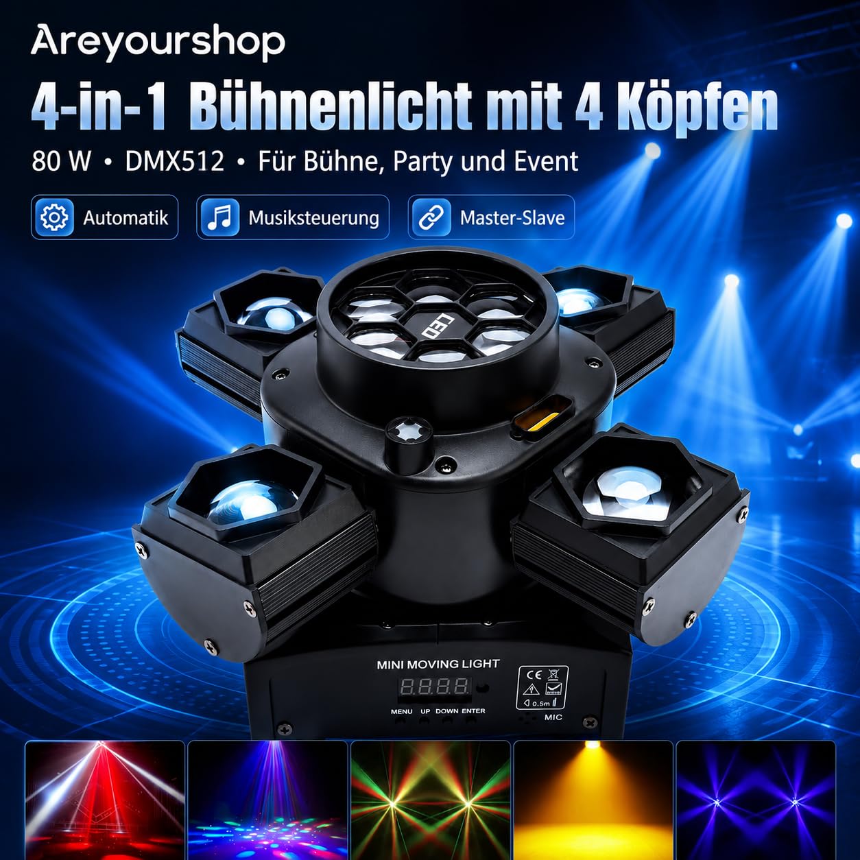 DJ Licht mit 4-in-1 Wirkung,Moving Head Licht with 14 LED-Chips,Prächtige Disco Lichter, für DJ-Events, Partys, Clubs, Hochzeiten und andere Lichtshows