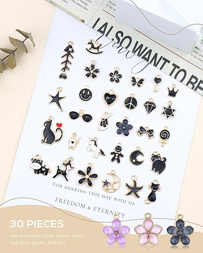 Miniatura 3 de 30 dijes de esmalte negro surtidos para aretes, collares, pulseras, fabricación de joyas y manualidades, Acero aleado, No es una piedra preciosa