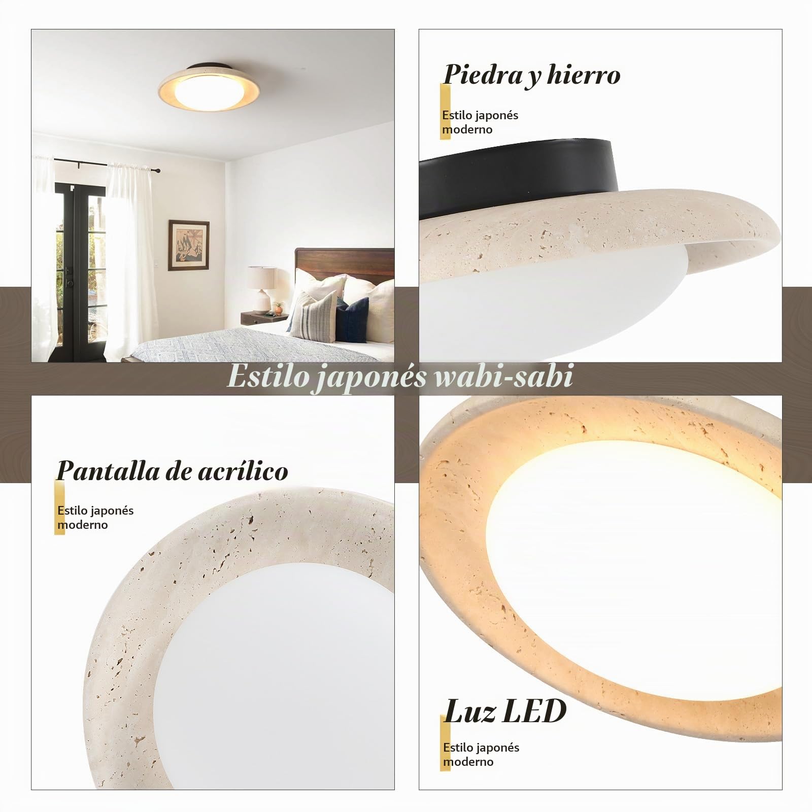 Lámpara de techo LED Japonesa Wabi-Sabi Lampara de Travertino Amarillo Lamparas Redonda Plafon Luz Cálida ideal para Salon Dormitorio Comedor Cocina Pasillos y Recibidores 25cm 9W