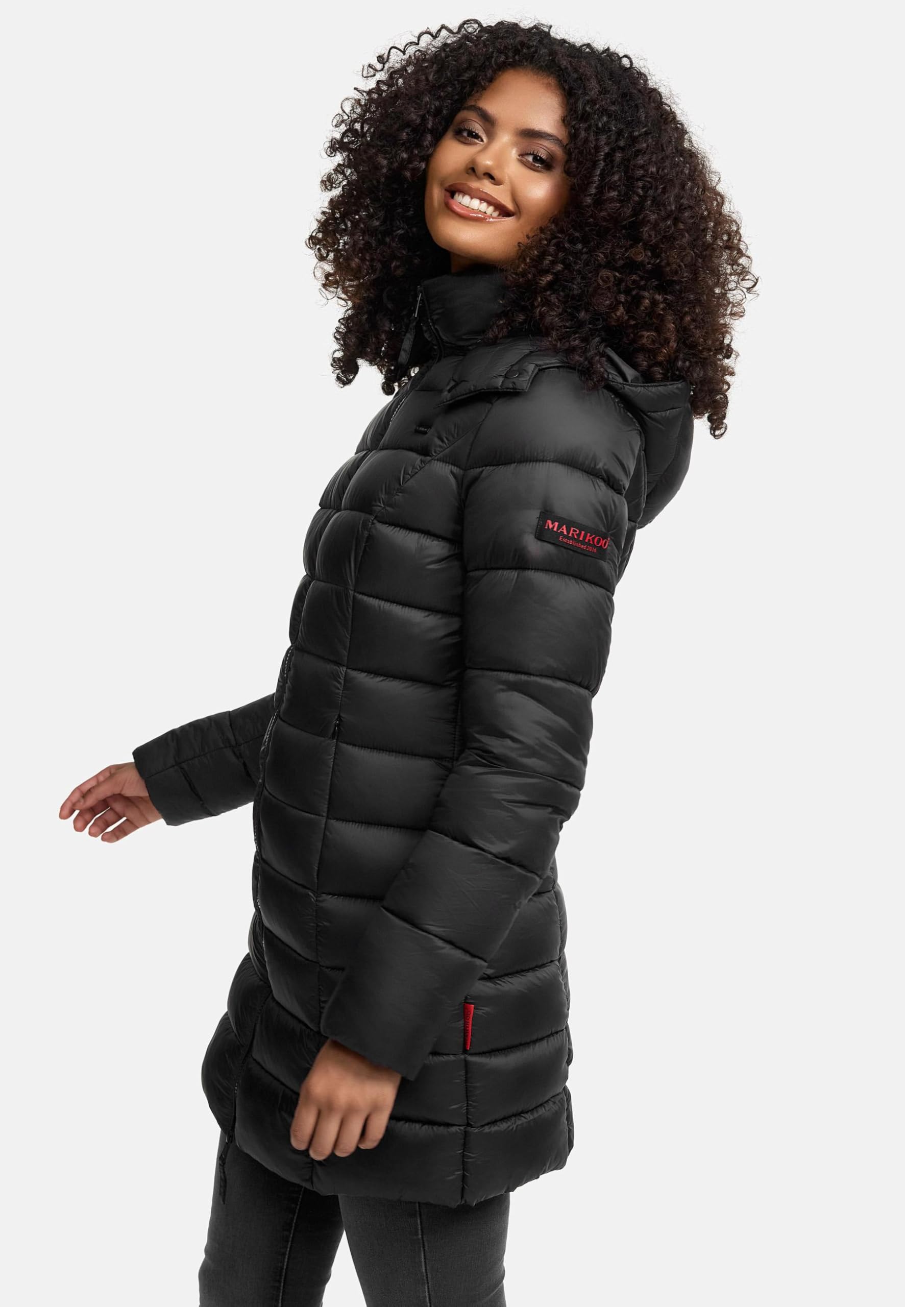 MARIKOO Damen langer Wintermantel warmer Steppmantel mit abnehmbarer Kapuze Abendsternchen XS-6XL
