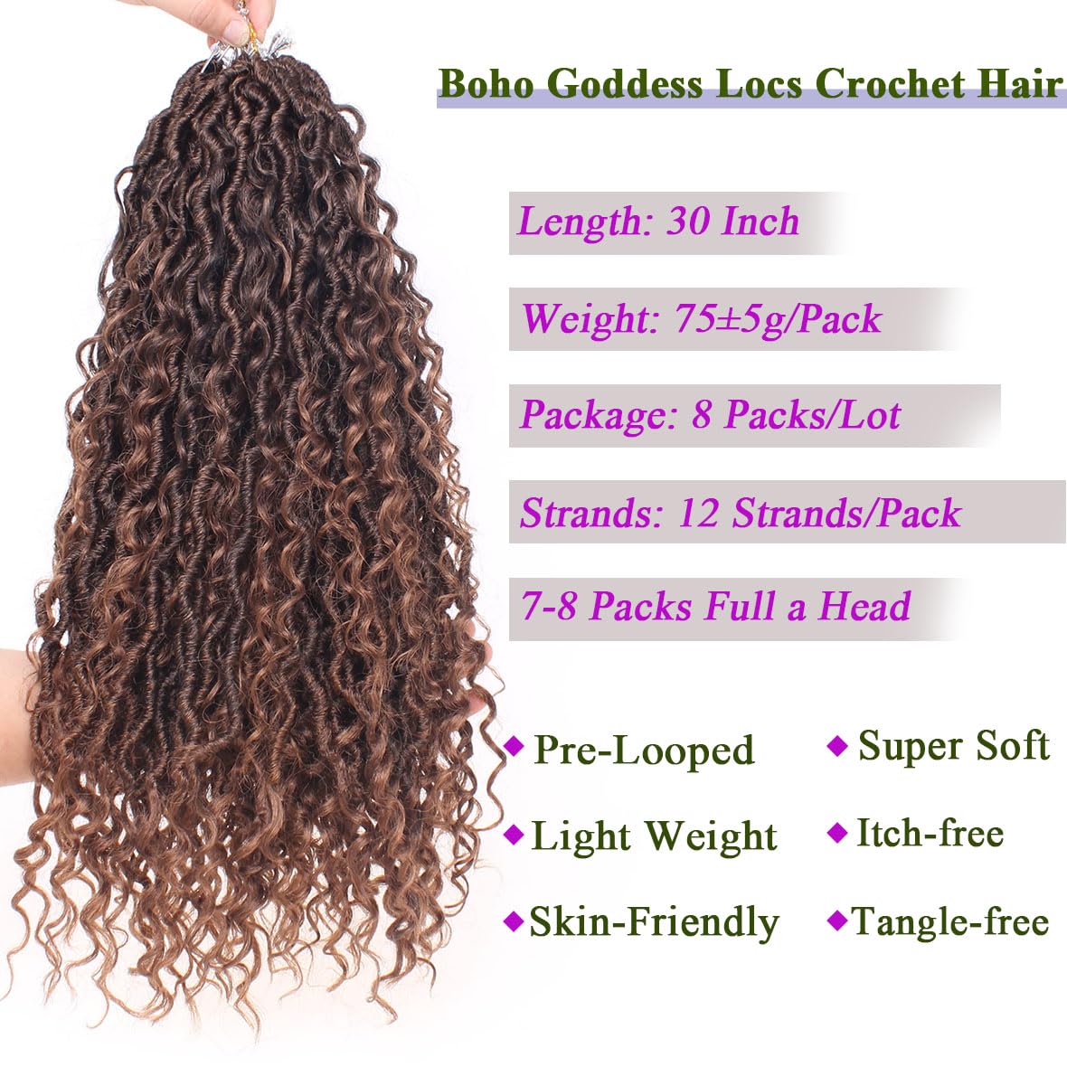 Kachanaa 30 Inch Pre-Looped River Locs Crochet Hair with Curly Ends 8 Packs Ombre Brown Goddess Faux Locs Crochet Hair 12 Strands/Pack Synthetic Bohemian Locs for Woman /T30# - Image 3