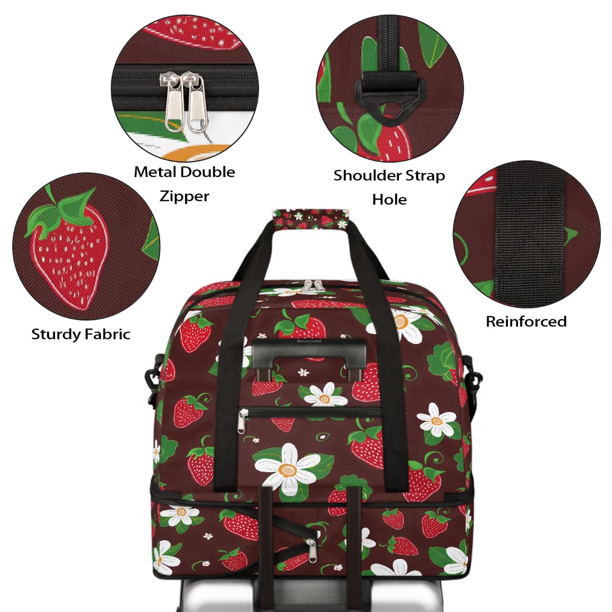 Borsone da viaggio pieghevole con grazioso fiore di fragola, espandibile, con scomparto per scarpe, grande capacità, borsa da weekender, per viaggi, sport, viaggi notturni