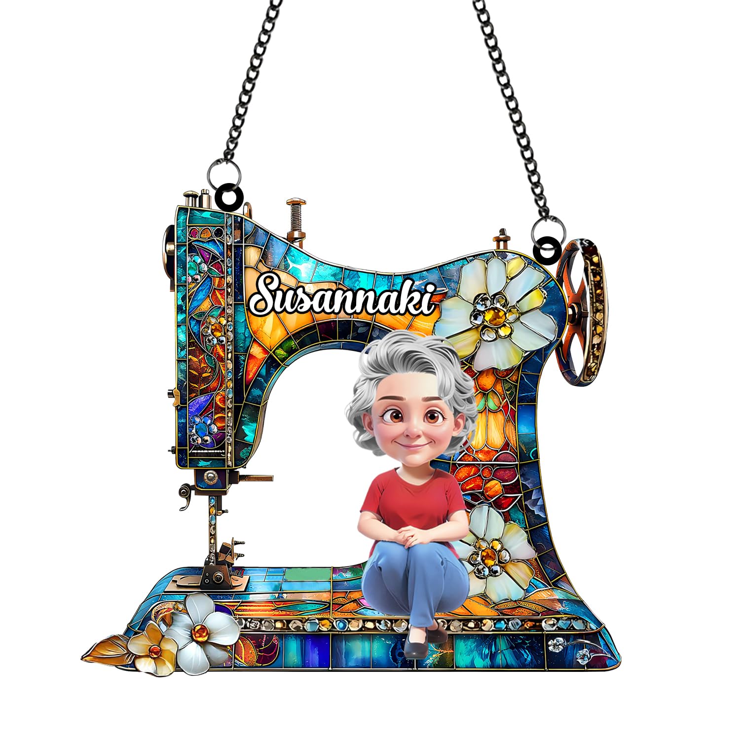 Personalized Sewing Machine Stained Glass Suncatcher,Custom Acrylic Window Hanging Ornament with Name Portrait,Tailor Shop Decor Sew Room Decorations,Gifts for Quilting Lover Quilter Sewer Mom Grandma