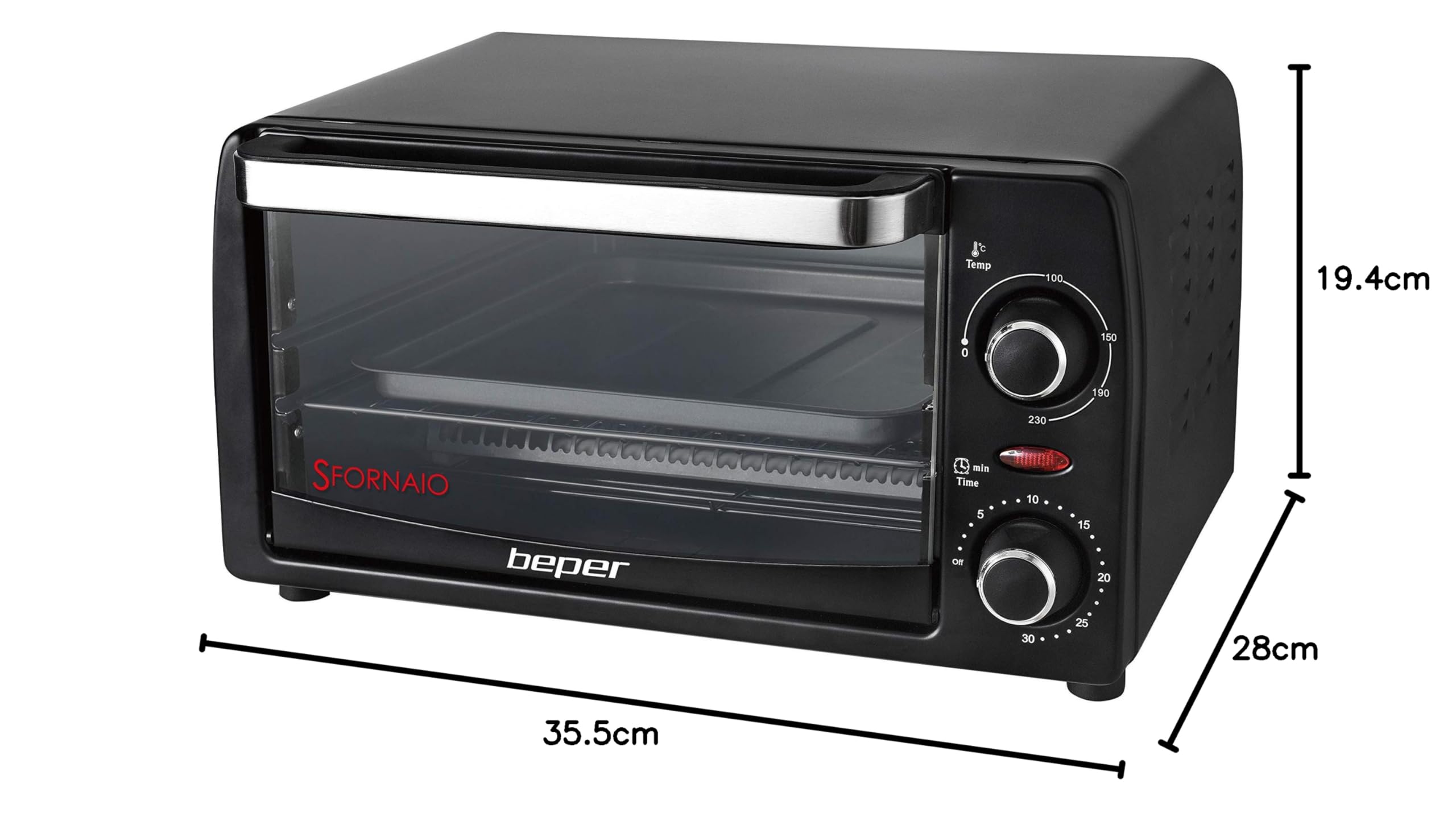 BEPER 90.882 Elektrischer Backofen, 1050 W, 12 L, Heizelemente aus Quarz, Wärmeisolierter Stahlgriff, Schwarz