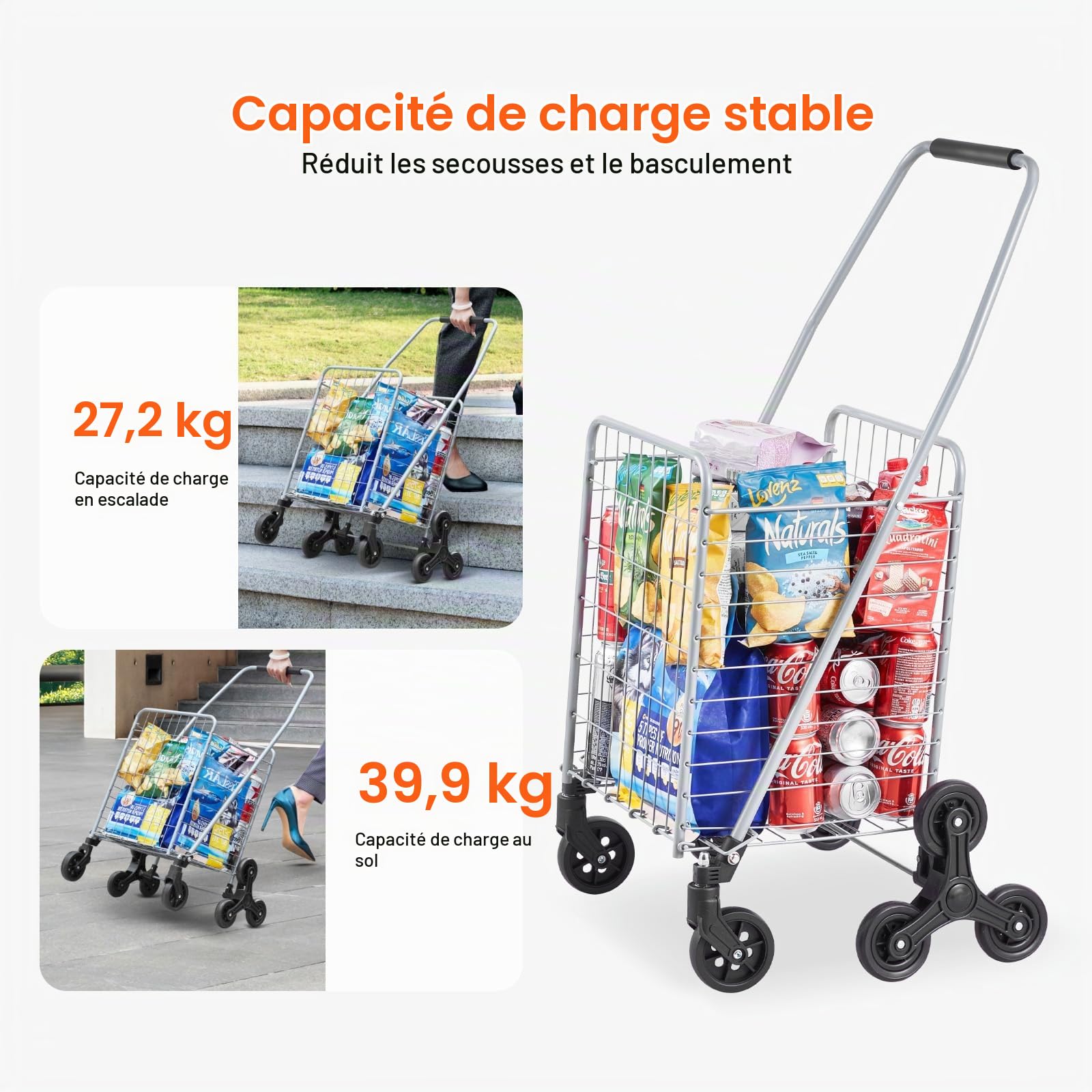 VEVOR Chariot de Courses Pliable, 45 L, Chariot Monte Escalier d'Épicerie avec Roues à Pivotantes 360°, Chariot Utilitaire Léger, pour Shopping, Bureau, Déménagement, Transport, Extérieur, Argent