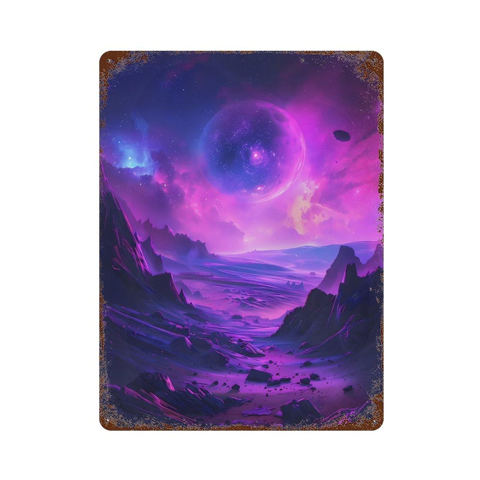 Rusty Metal Tin Sign with Purple Planet Cosmos Design 15.7"x11.8", for Farmhouse, Kitchen And Entryway Decor, Rustic Home Decor