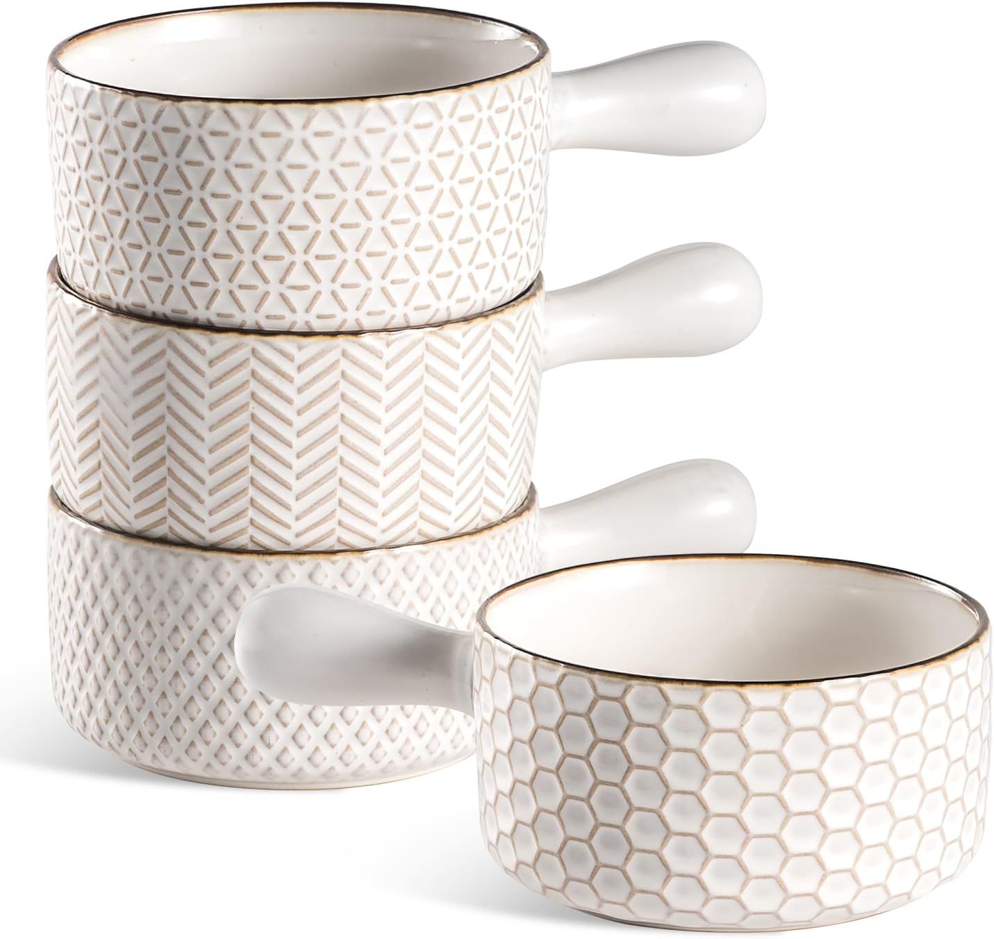 French Onion Soup Bowls - 20 Oz Ceramic Soup Crocks with Handles - Embossed Stoneware Bowls for Soup Chili Beef Stew - Microwave Dishwasher Oven Safe - Set of 4