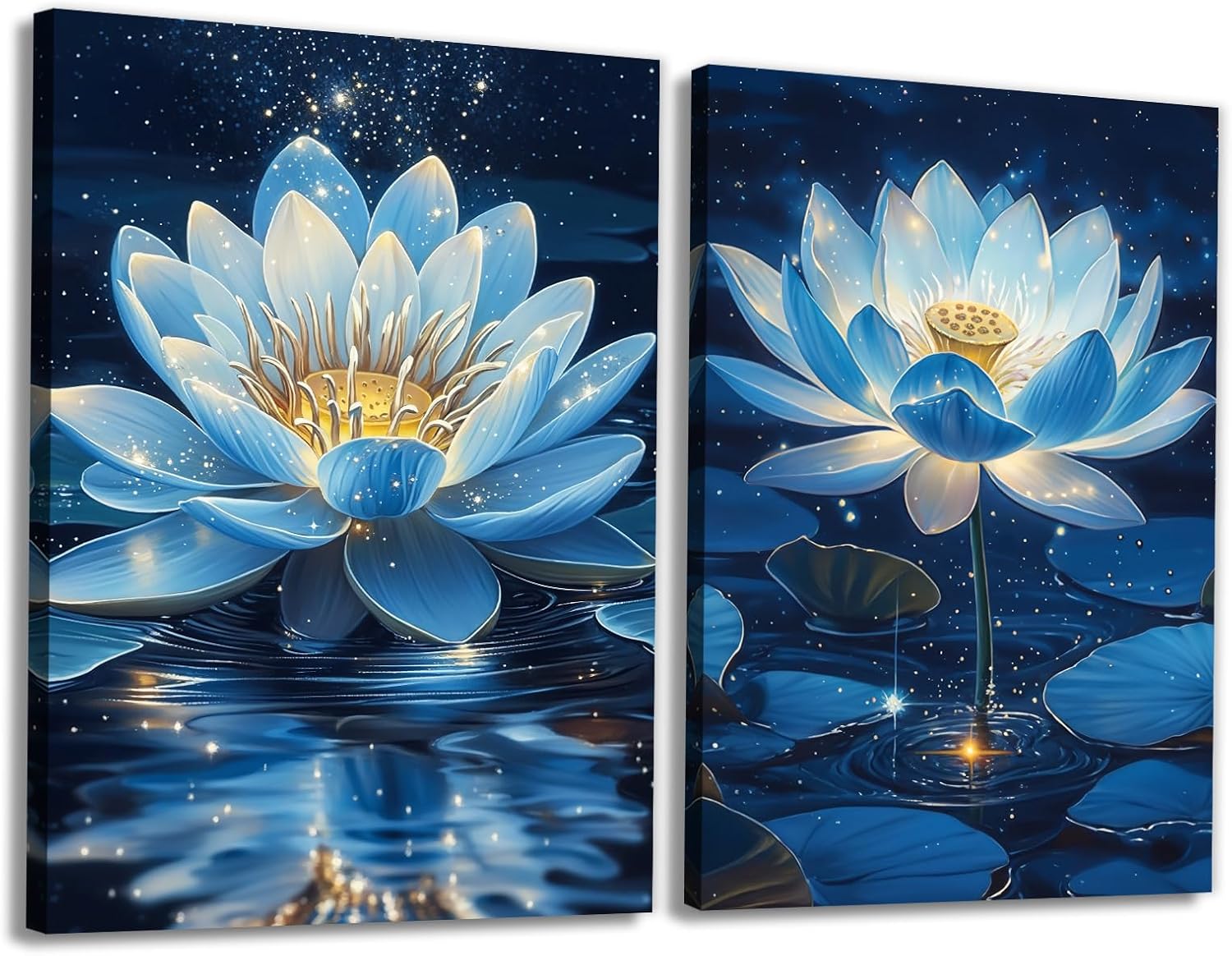 KPLUNDO Zen Wall Art 2 Piece White Lotus Blooming Painting Artwork White Gold Lotus Flower Poster Artwork for Bedroom Living Room Bathroom Yoga Spa Room Decor(Artwork-3,12"x16"x2pcs)