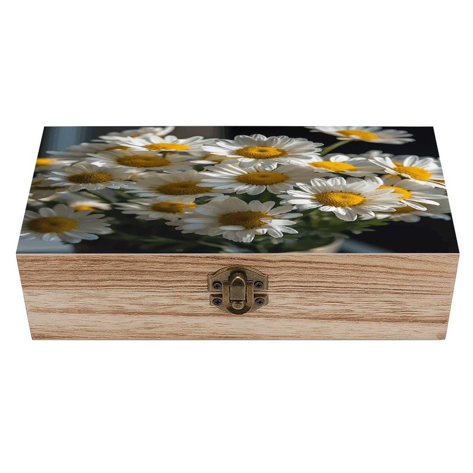 Btcowzrv Style Handful Of Daisies Wooden Storage Box, Keepsake Box With Hinged And Retro Lock, Wood Jewelry Organizer For Photos & Mementos And Home Decor