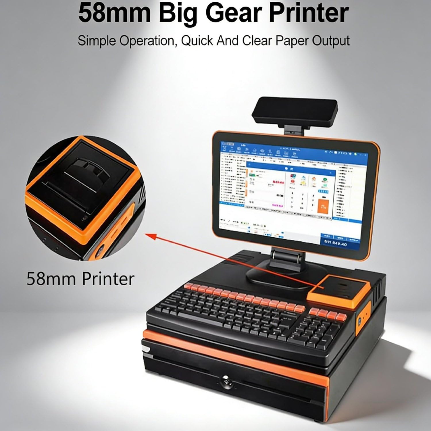 Caja registradora con TPV, con monitor de pantalla táctil de 15,6", cajón de efectivo, impresora de 58 mm, escáner de código de barras naranja, para pequeñas empresas, tiendas minoristas.