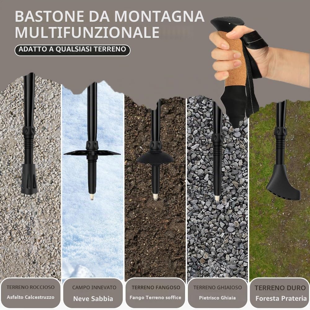 HUINING Bastone da trekking con manico in sughero, pieghevole, telescopico, bastoni da nordic walking per uomo e donna, bastoni da trekking, ultraleggeri in alluminio con molti accessori, 115