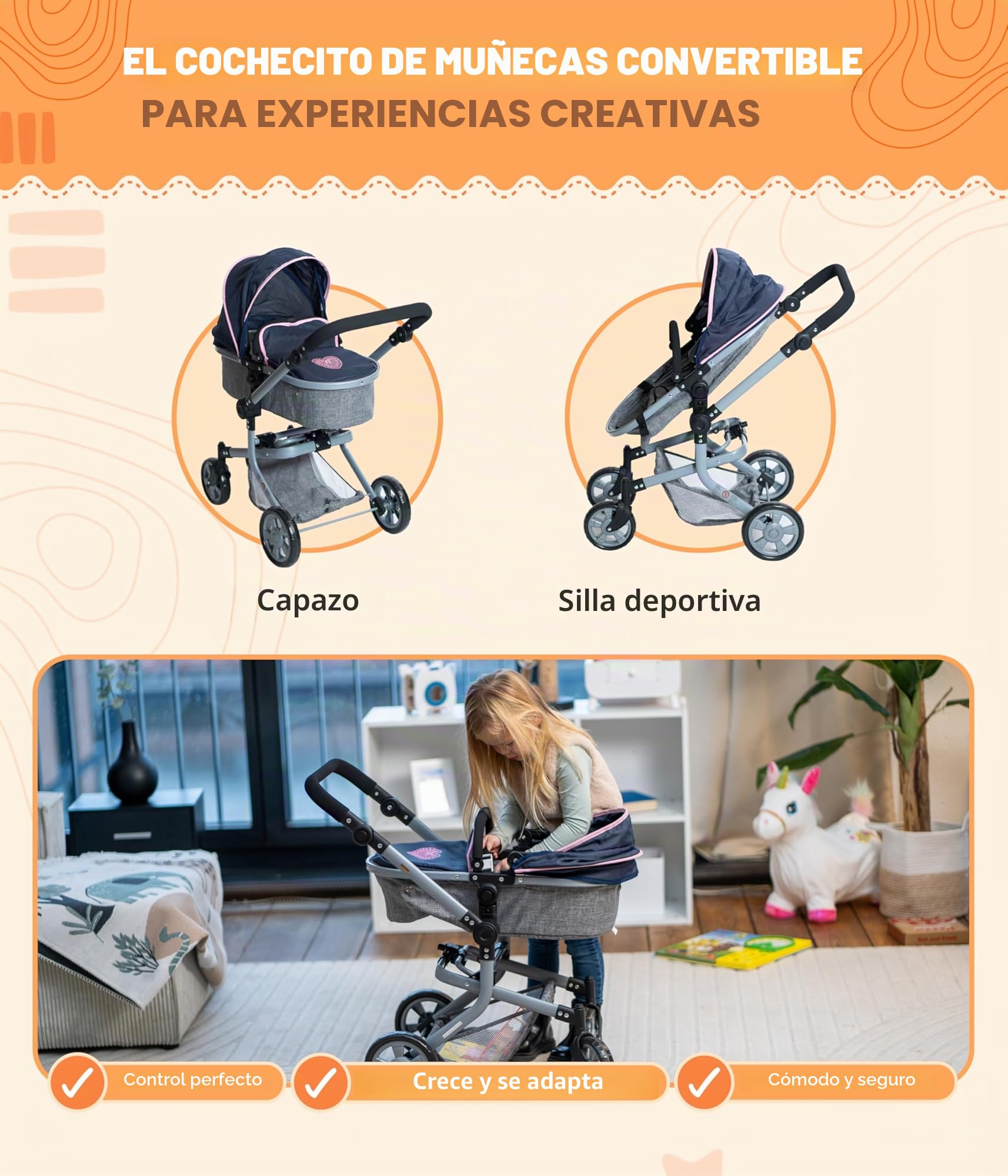Bayer Chic 2000 - Cochecito de muñecas Mika, 2 en 1 para niños de 4 a 8 años, Color Gris y Azul Marino