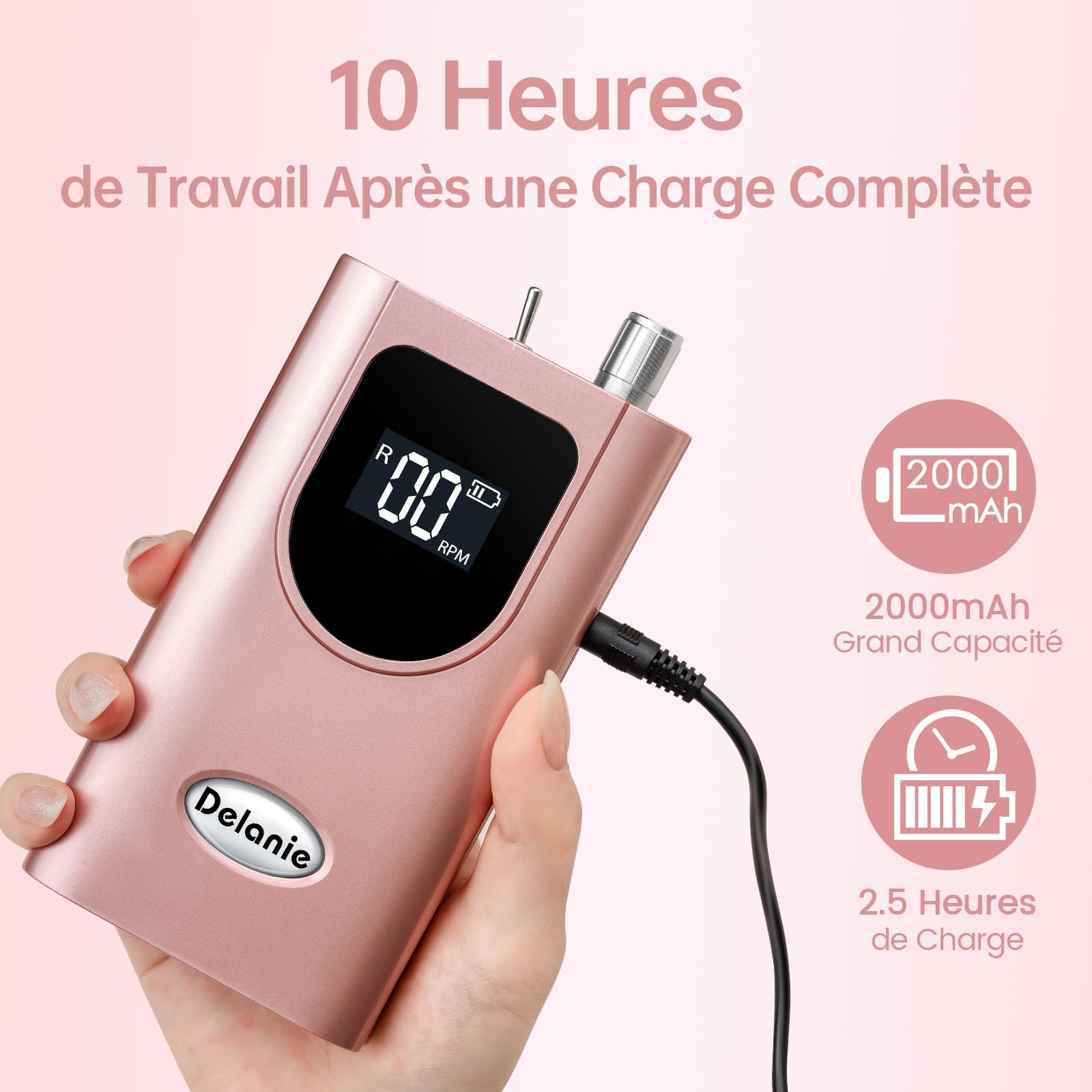 Delanie Ponceuse pour Ongles Professionnelle 35000 RPM Portable Rechargeable Avec Affichage LCD et 6 Embouts Ponçage pour Pédicure Manucure, Puissante, Silencieuse pour Salon/Maison