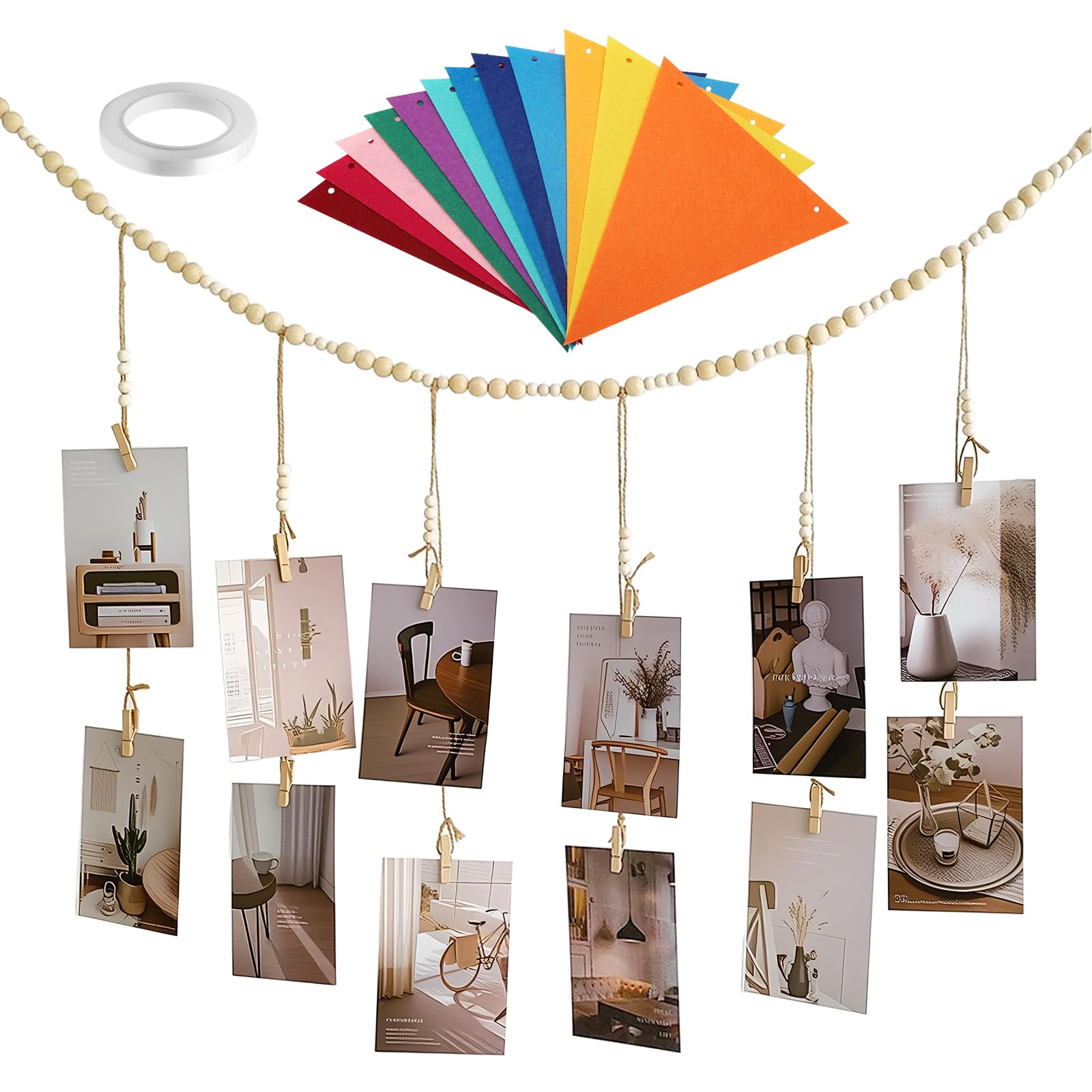 Fotohalter Mit 9 Holzklammern - Bohemien Style Für Deine Foto-Wand Deko