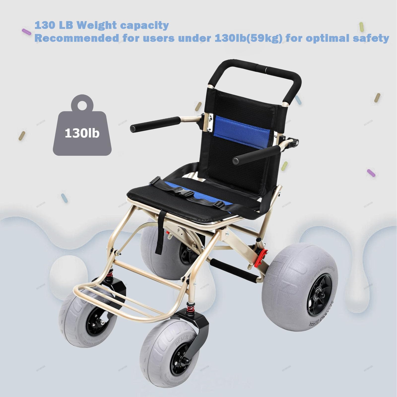 Silla De Ruedas Ligera Para Playa, Ideal Para Personas Mayores Y NiñOs, Todoterreno, Con NeumáTicos De Globo De 12'' Y 9'', DiseñO Plegable, Ruedas De LiberacióN RáPida, Capacidad De Carga De 220 Lb.