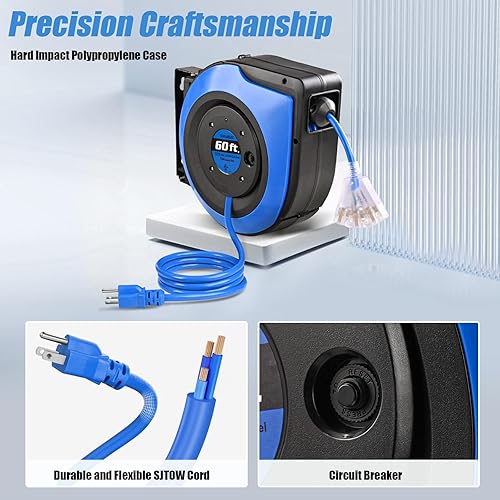 Miniatura 6 de SURAIELEC Carrete de cable de extensión retráctil de calibre 12, cable de alimentación resistente SJTOW de 60 pies 12 AWG3C, 3 salidas de triple