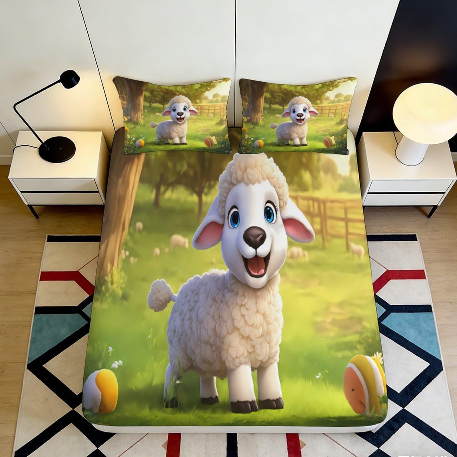 3D Printed Cute Lamb Cartoon Fitted Sheet Microfiber Soft Non-Slip Bed Cover Pastoral Meadow Bedroom Decor 90x200x25cm