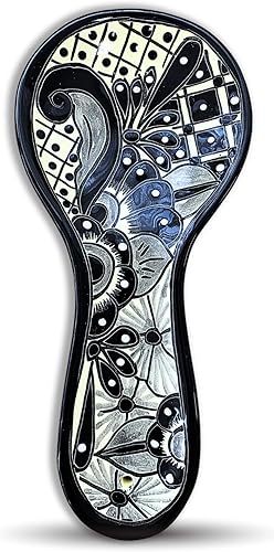 Cuchara de cerámica - Talavera pintada a mano - Estilo mexicano - Decoración del hogar en blanco y negro - Cuchara Floral BlancoNegro
