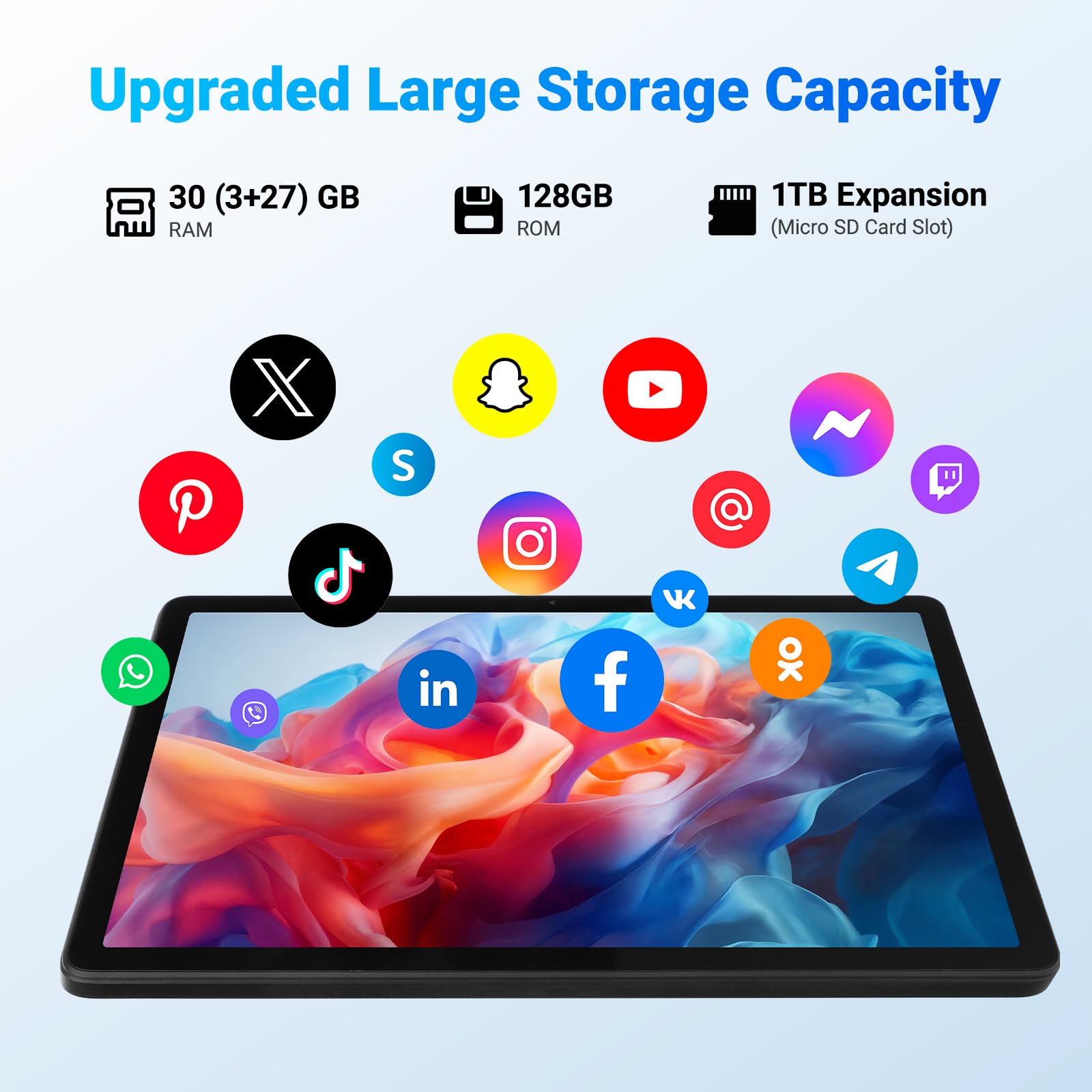 Tableta Android 16, 30GB + 128GB (ampliable a 1 TB), tableta de 11 pulgadas con Bluetooth 5.3, WiFi 6, cámara dual, 5 núcleos, 5 MP + 8 MP, 7800 mAh, tabletas con modo teclado, luces arcoíris(negro)
