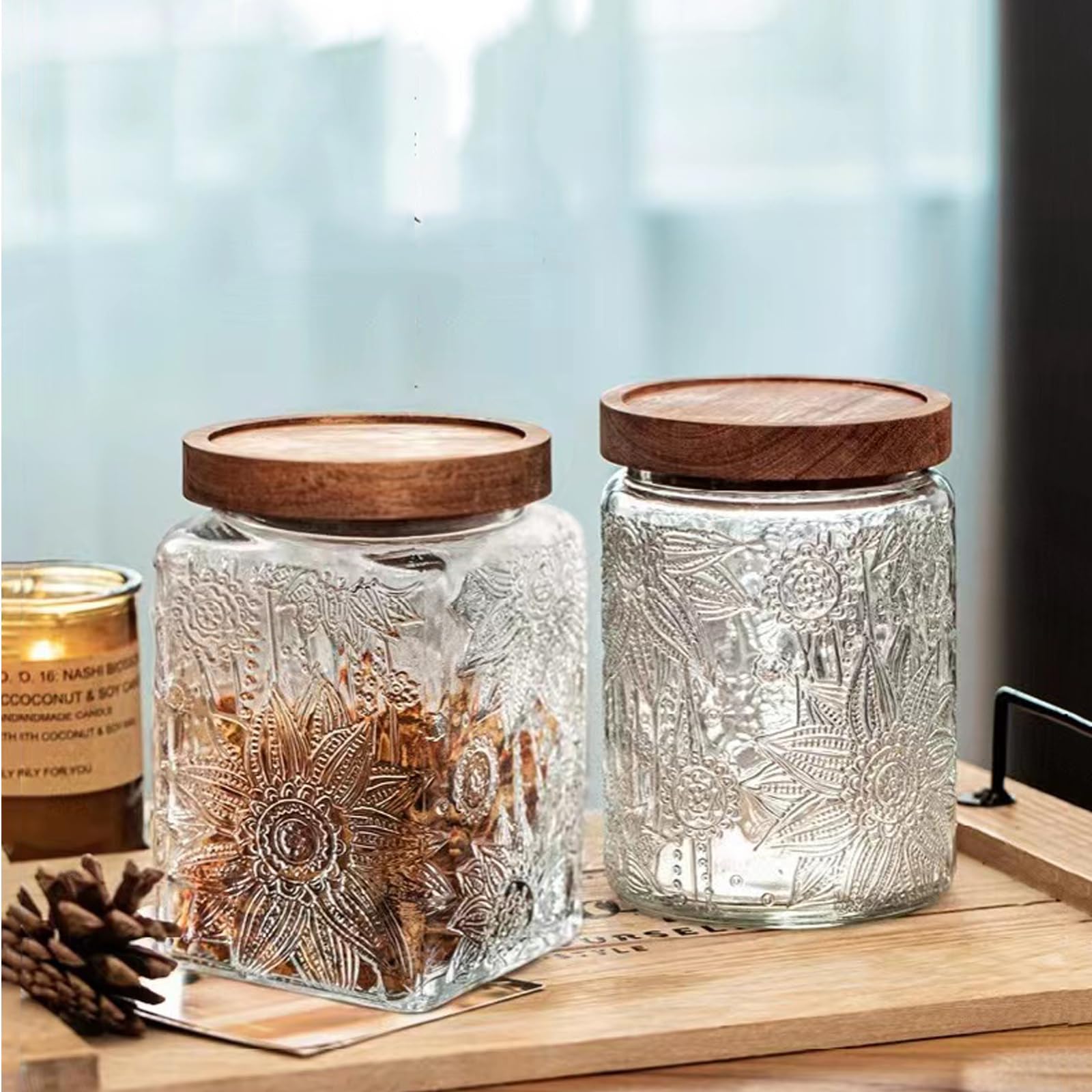 Luftdichte Vorratsdose aus Glas im Vintage-Stil, mit luftdichtem Holzdeckel, für Küchentheke, Speisekammer, Tee, Zucker, Kaffee, Teebohnen, Frischhaltedose (2 x Sonnenblume + 2 x Pflaume)