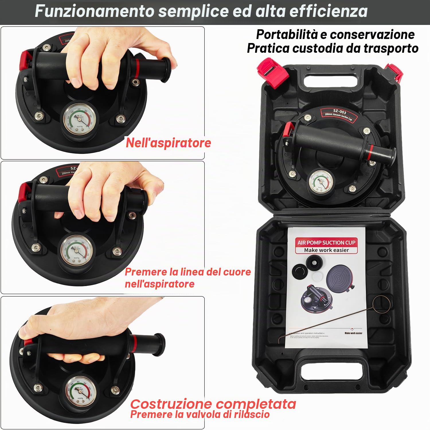 2 Pacchi Ventosa Vetro 8" Pesante di Vetro Ventosa Con Manometro Pompa Vuoto Ventose Sollevatore Ventose per Sollevamento a Ventosa Industriale Capacità di Carico 200Kg Con Includi Valigia