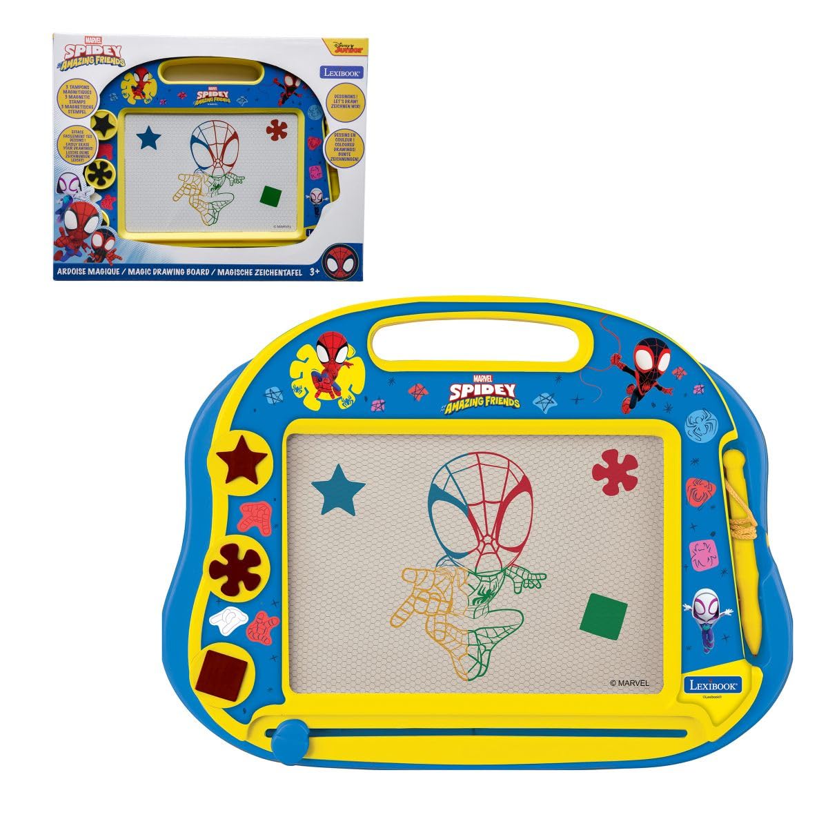 LEXIBOOK, Spidey and His Amazing Friends, Magnetic Multicolor Drawing Board, Reusable Drawing Surface, Accessories Included, A5 Format, Blue and Yellow, CRSP550LXB