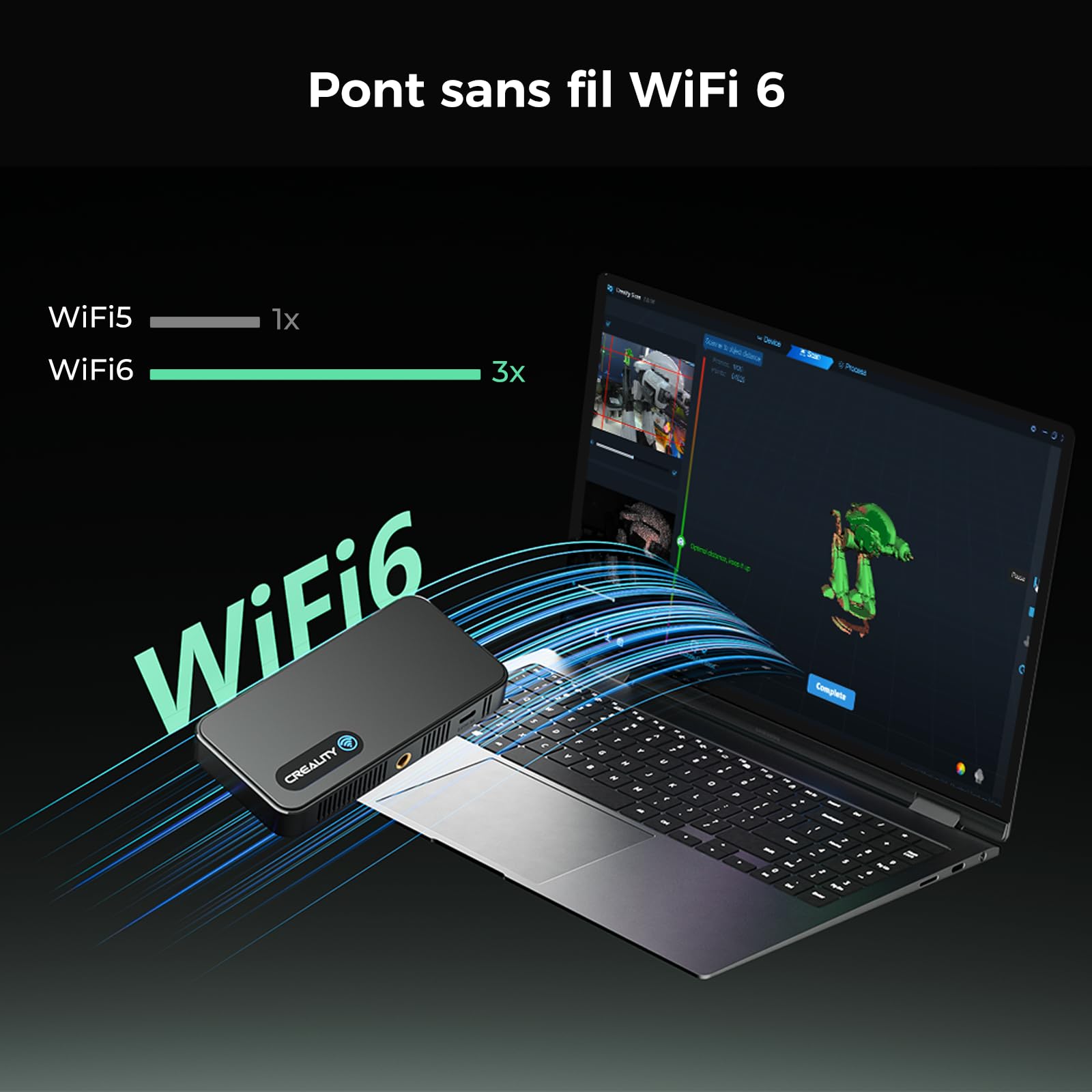 Creality Ferret Pro Scanner 3D, précision de 0,1 mm, WiFi 6 sans fil, technologie anti-tremblement, couleurs 24 bits pour métaux/noir (sans spray), extérieur jusqu'à 30k Lux, compatible avec Mac/iOS