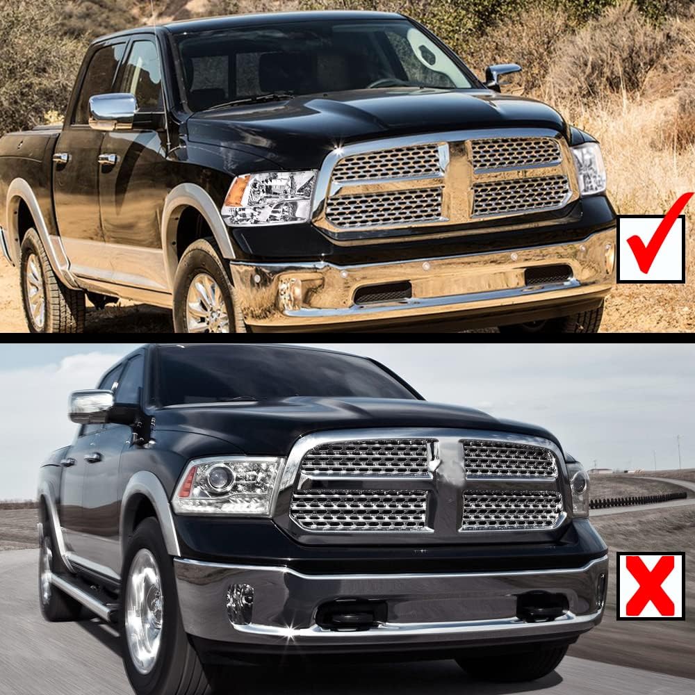 PIT66 Headlight Assembly Compatible with 2009-2012 Dodge Ram 1500 2500 3500 (Only Fits for Quad Headlamps Models) Clear lens Chrome Housing Amber Reflector (Not Fit Dual Beam, Not Fit One Hole)