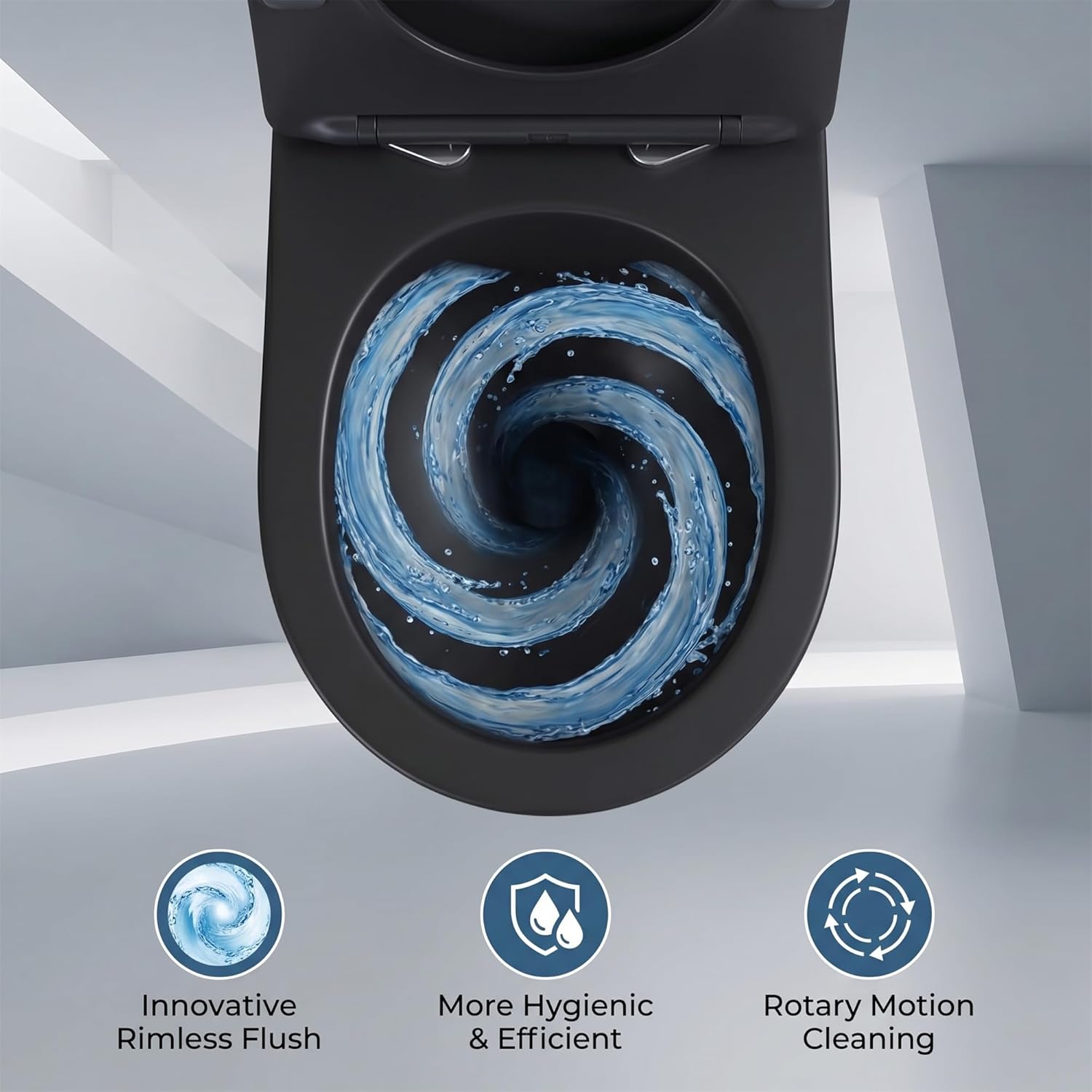 Wall Hung Toilet Bowl, Rimless Flush, Modern Round D-Shaped Design, Black Porcelain, Space-Saving Compact Toilet, Adjustable Seat Height, Compatible with Most Wall Hung Carrier Systems