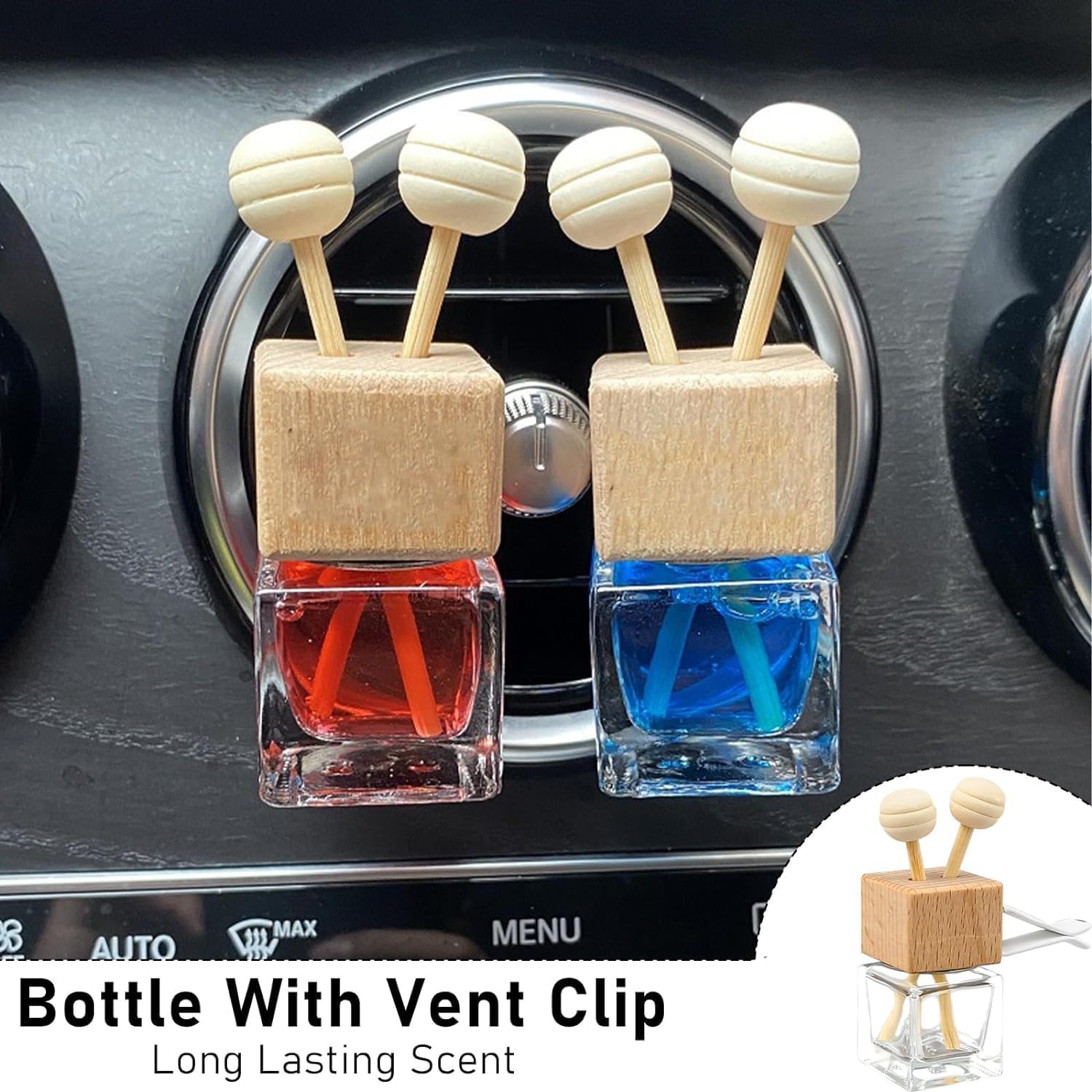 Paquete de 30 ambientadores para coche, 8 ml, transparentes, vacíos, difusor de aceites esenciales, difusor de perfume para coche, botella de cristal con clip de ventilación, tapas de madera