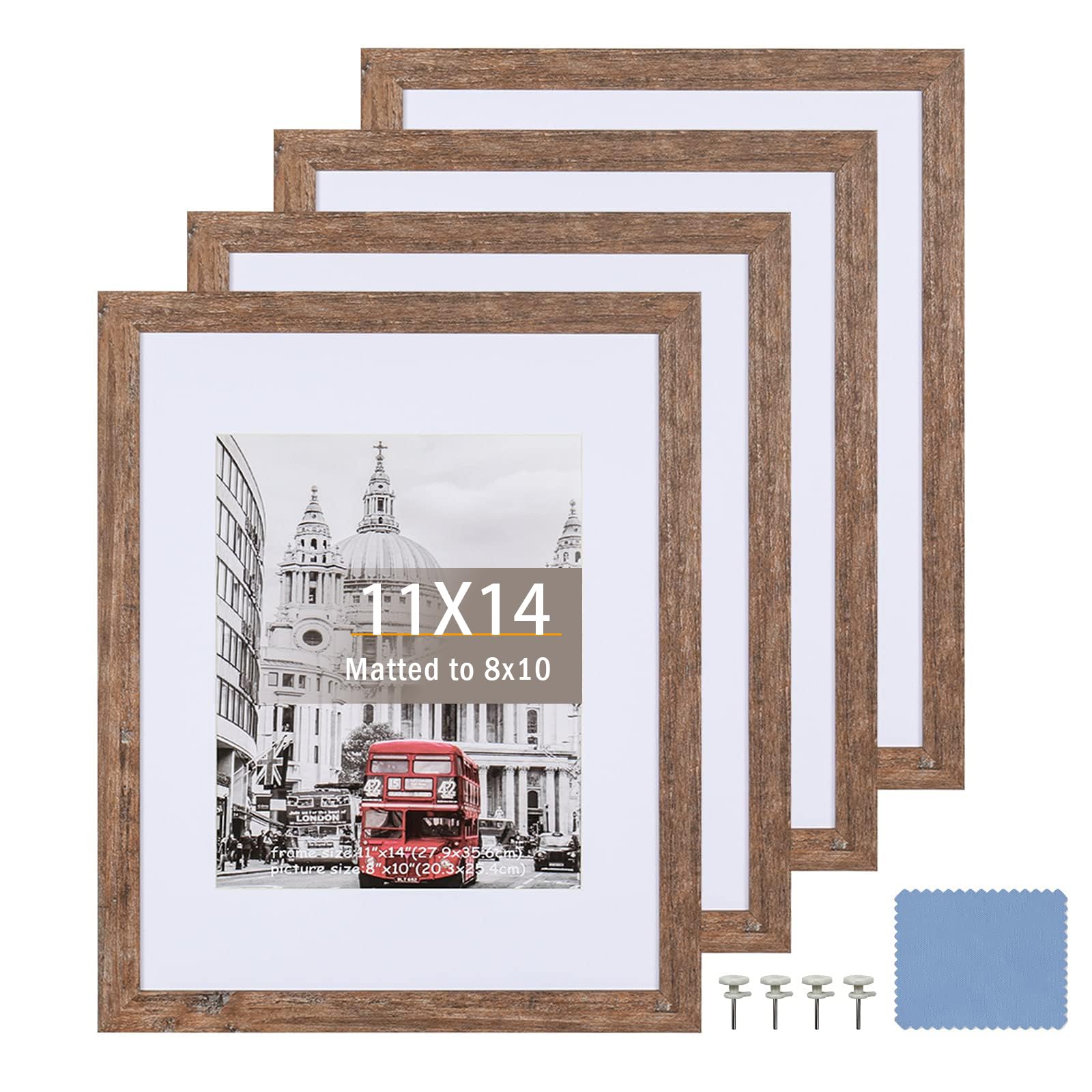 SEEDLING Photo Frame Set of 4, Display 8x10 With Mat or 11x14 Without Mat, Wall Rustic Wood Picture Frames (Rustic Wood)