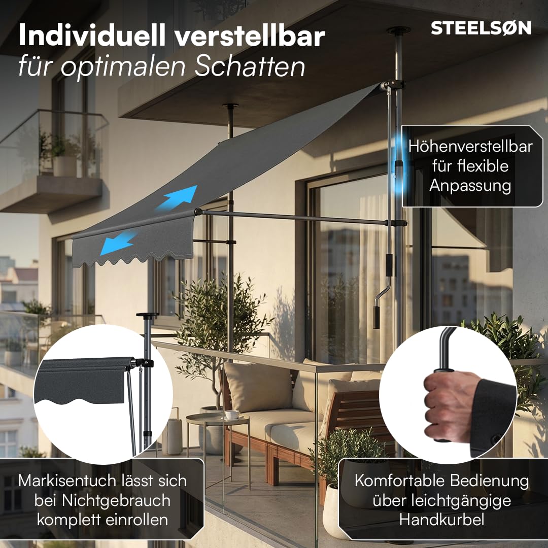 STEELSØN Dioran Klemmmarkise 300 cm breit – Markise Balkon ohne Bohren – Sonnenschutz UV50+ – Balkonmarkise zum Klemmen – Terrassenüberdachung wetterfest – Gartenmarkise höhenverstellbar in Anthrazit