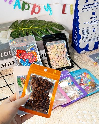 Miniatura 7 de Bolsas resellables de embalaje holográficas, 300 unidades, color morado con ventana transparente para almacenamiento de alimentos, pequeñas empresas