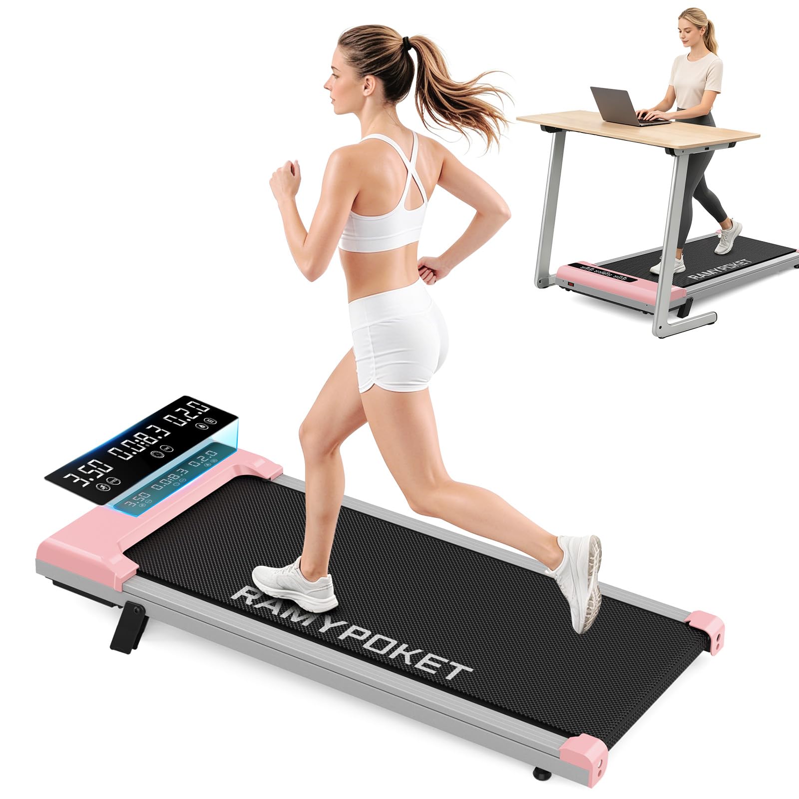 RAMYPOKET 9% Incline Walking Pad, Under Desk Treadmill for Home (PINK) — image 1
