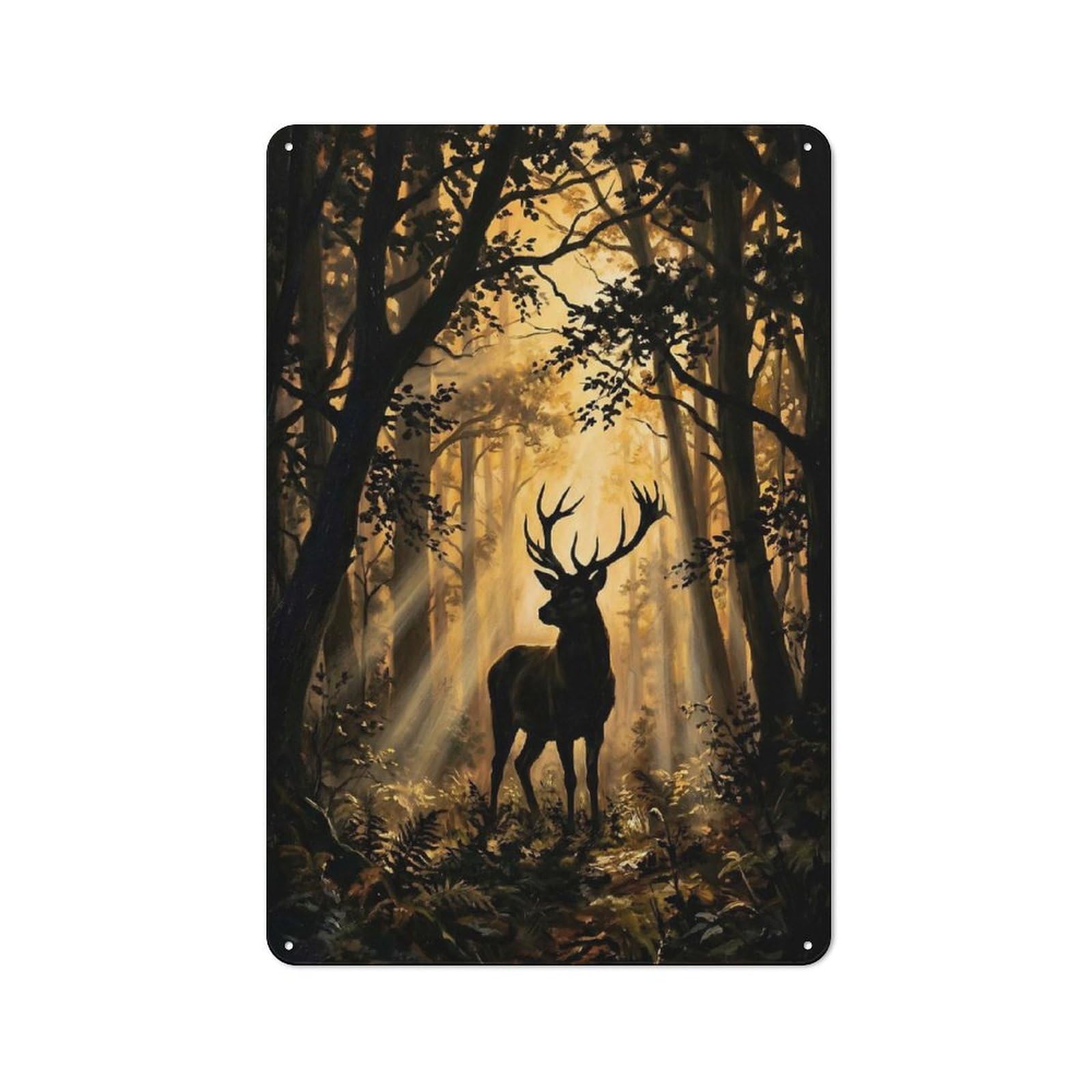 Junmoney Style-4 Tin Wall Plaque 30X20cm With Majestic Stag In Sunlit Forest For Bar Or Restaurant, For Hospitality Decor Collectors