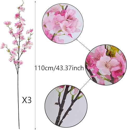 Miniatura 2 de CISDUEO 3 piezas de flores artificiales de cerezo de seda, flores de durazno a granel, flores de ciruelo con hojas, ramas de flor de cerezo,