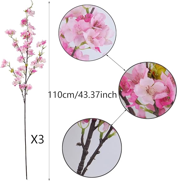 3 Pcs Artificial Cherry Blossom Flower Silk Peach Flowers Bulk Plum Blossom Flowers with Leaves Cherry Blossom Branches Vase Arrangements for Spring Wedding Indoor Outdoor DIY Party Decor Pink