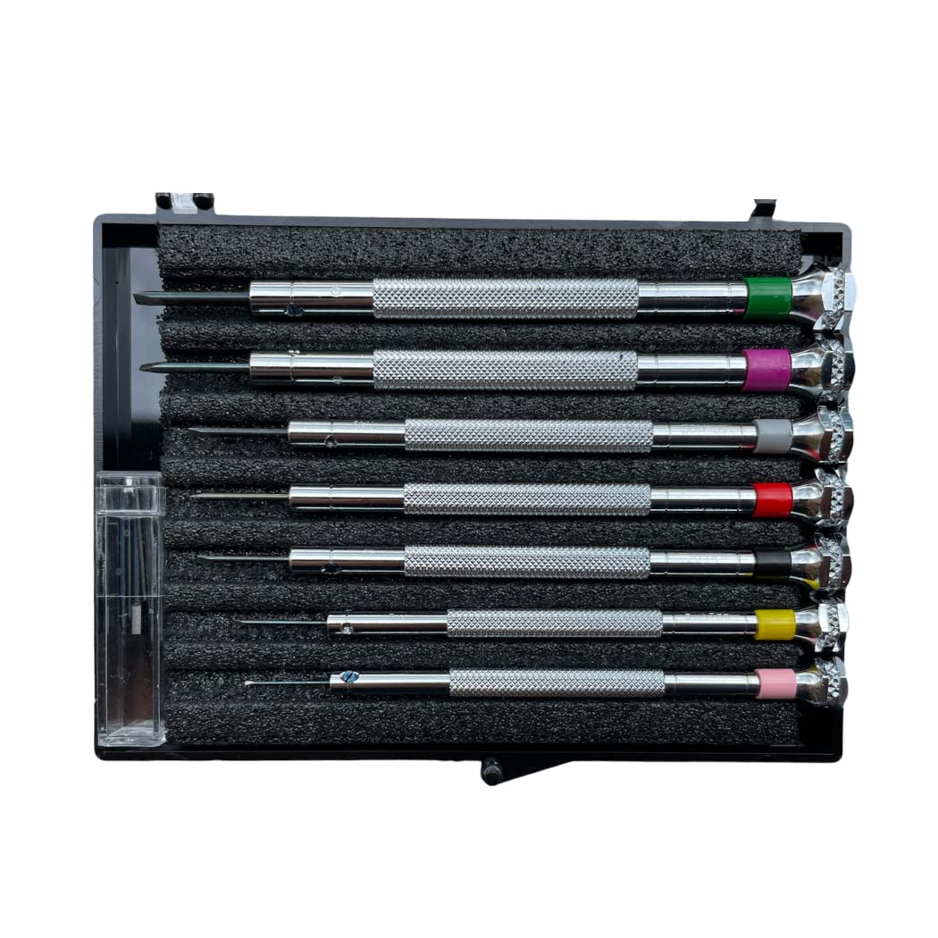 BUZZUFYBeco Technic Set of 7 Screwdrivers 0.60 to 2.00 mm in Plastic Box with Spare Blades Watch Repair Tool