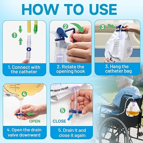 Miniatura 6 de Bolsas de drenaje urinario 2000ML con 6 piezas, bolsas de catéter con válvula antirreflujo, bolsas de orina con tubo de drenaje, clip y gancho para