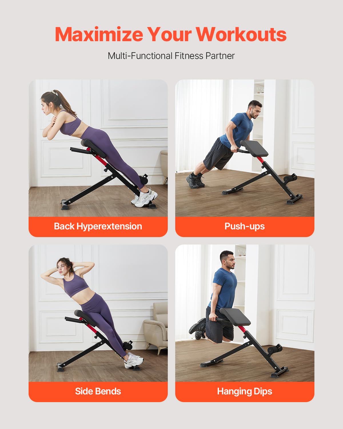 VEVOR Banco de Hiperextensión con Silla Romana, Máquina de Extensión Ajustable y Plegable de 113 kg, Equipo de Ejercicio Multifunción para Glúteos, Isquiotibiales, Espalda y Abdominales, Negro