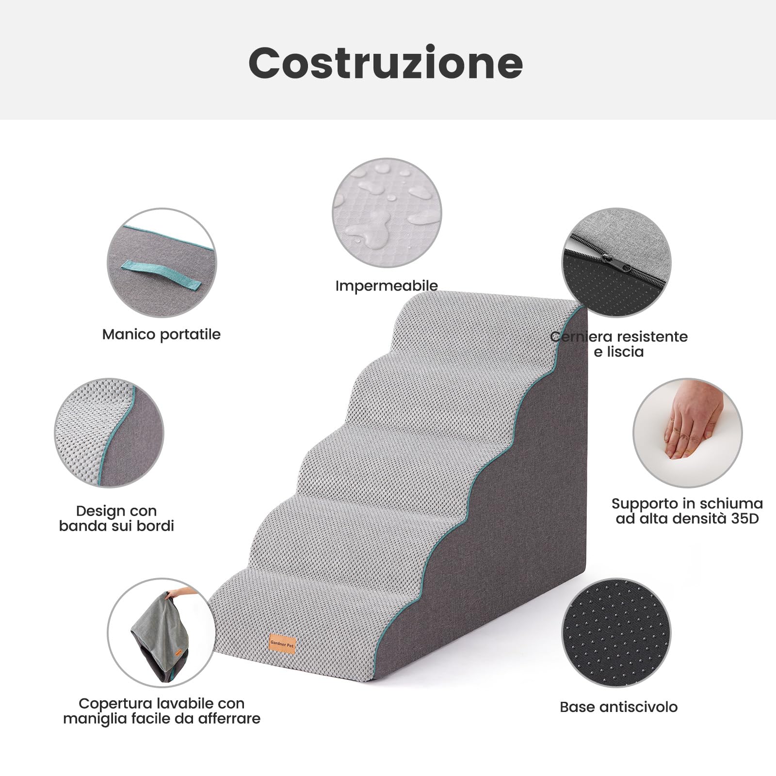 Gardner Pet Scaletta per Cani 58cm, 5 Gradini in Spugna 35D, Per Cuccioli e Piccole Mascote, Scalette per Letto Alto(61-76 cm), Rampa con Copertura Impermeabile Antiscivolo e Lavabile, Grigio