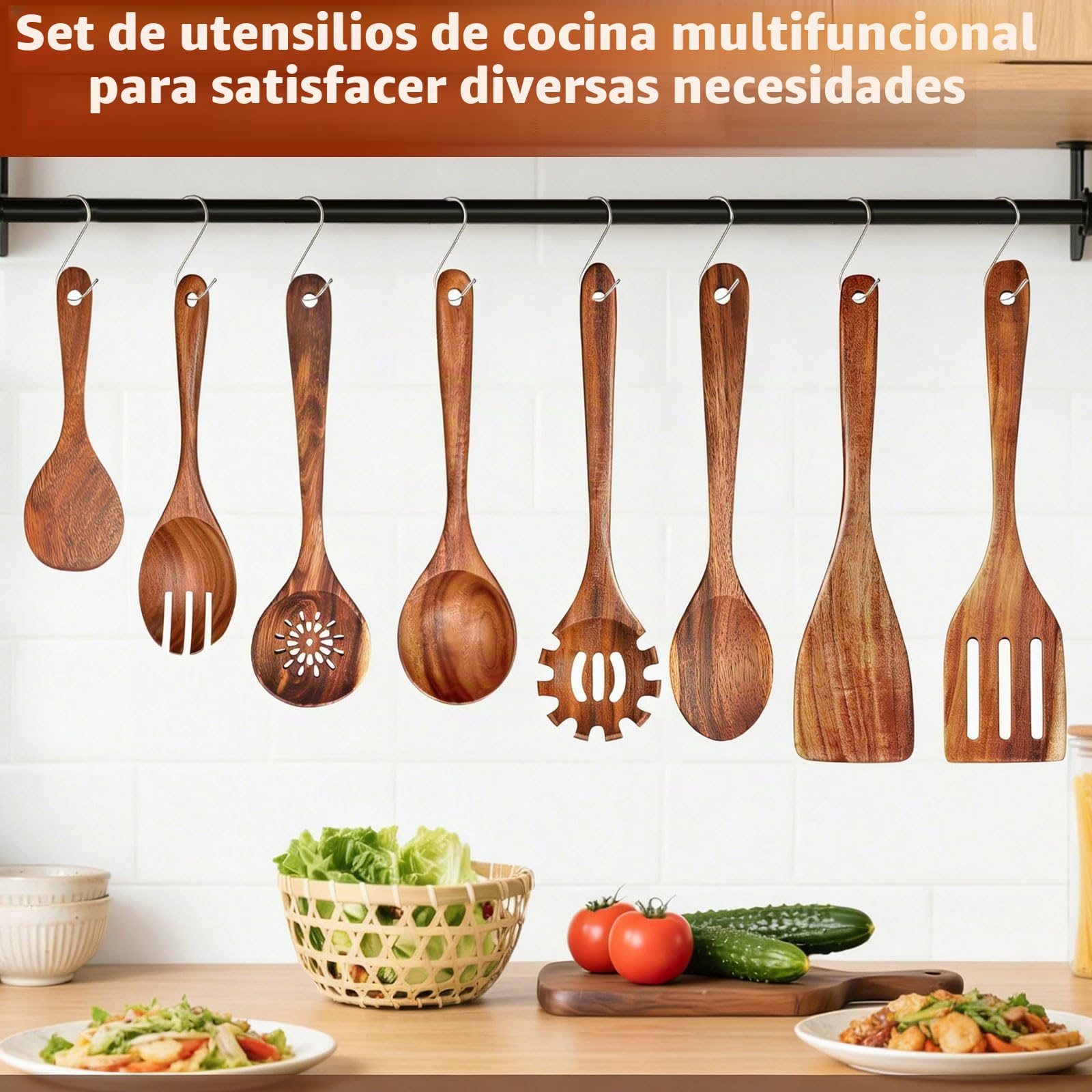 8 Piezas Juego de Utensilios de Cocina de Madera de Acacia con Espátula | Cucharón Cubiertos para Ensalada Cucharón para Pasta Cuchara para Arroz y 8 Ganchos en S, Resistente y Antiadherentes