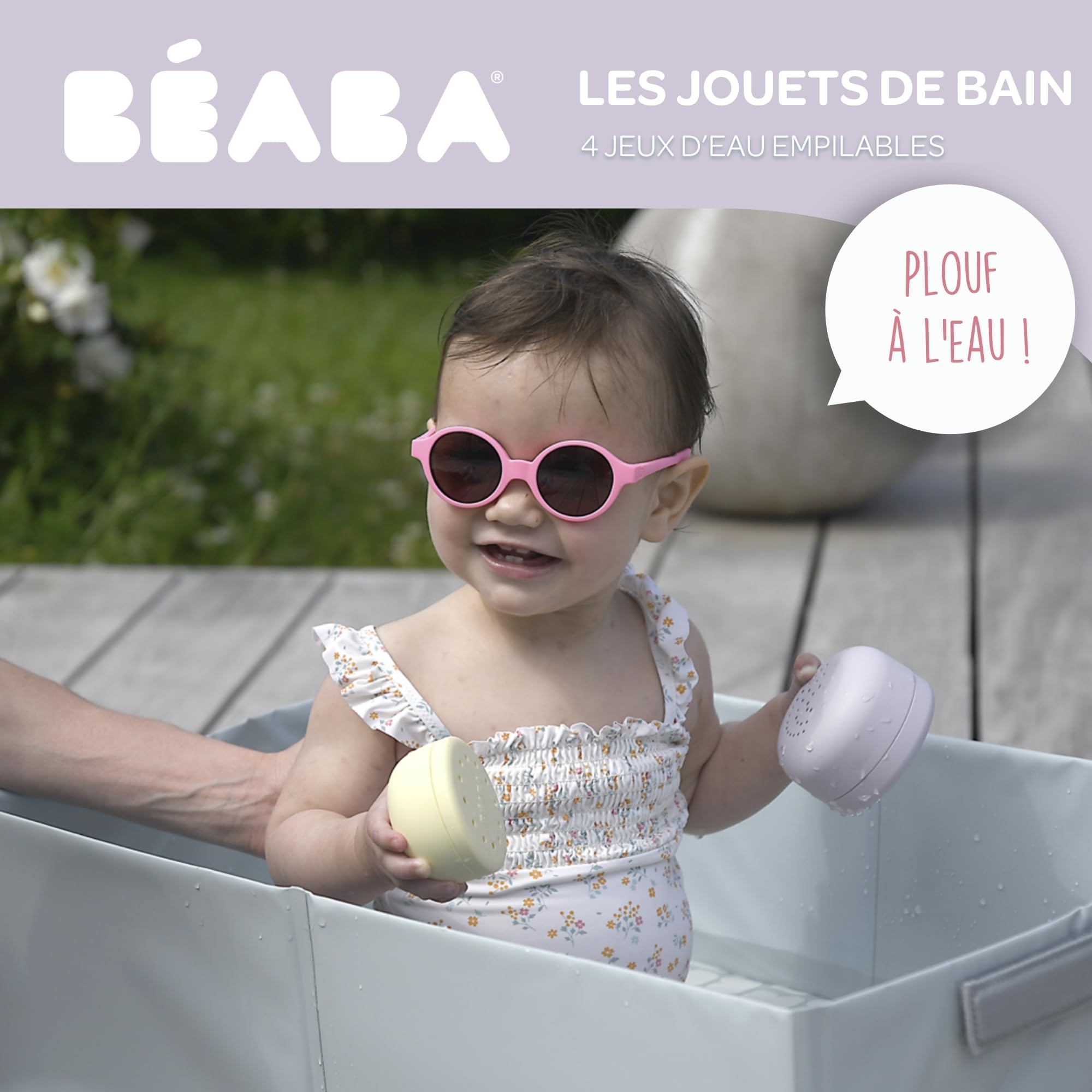 BÉABA, Set di 4 giocattoli da bagno in silicone, Impilabili, Giganteschi, Ergonomici, Forme e dimensioni diverse, Sviluppano le capacità motorie, Morbido silicone, Facili da riporre, Multicolore