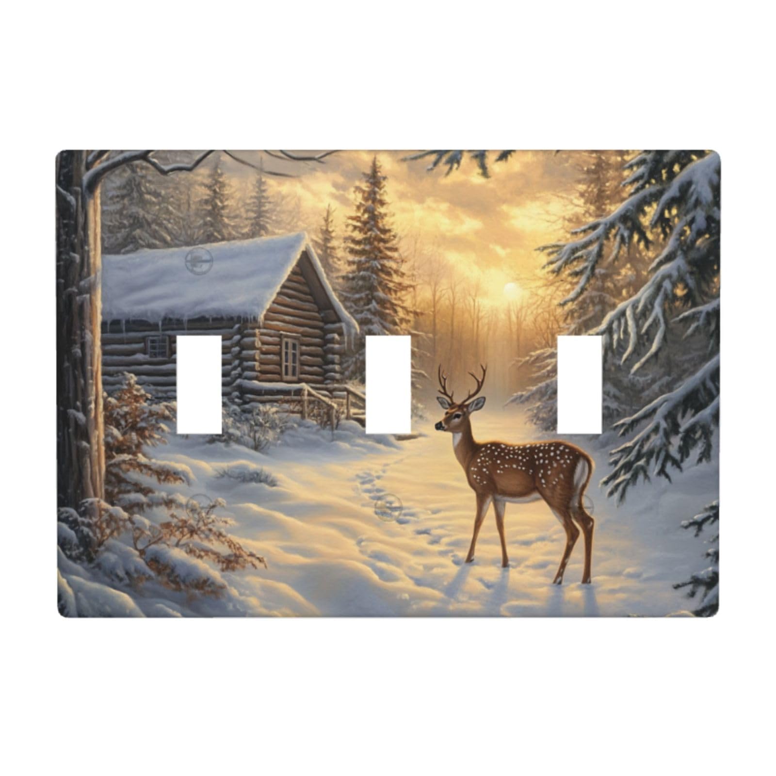 Forest Deer Near A Rustic Wooden Cabin Light Switch Covers 3 Gang Triple Toggle Wall Plate Switchplate Electrical Faceplate for Bathroom Kitchen Bedroom Decor