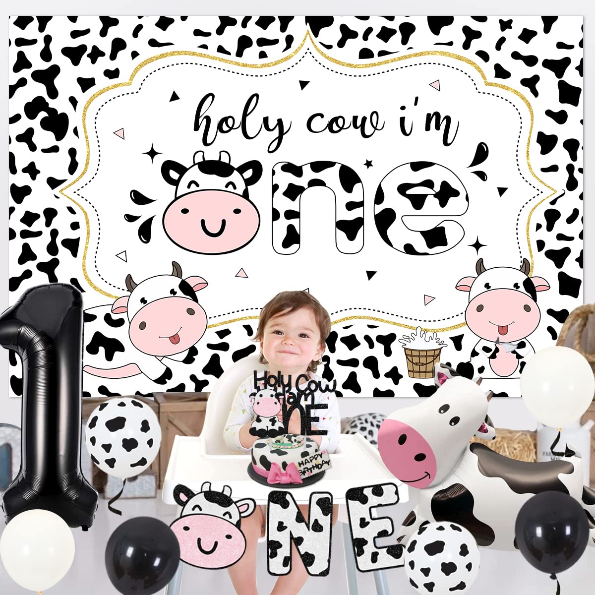 Holy Cow I'm One! 1st Birthday Decorations Kit - Farm Cow Theme Backdrop, Banner, Cake Topper, Balloons & Highchair Banner For Boy Or Girl - View #6